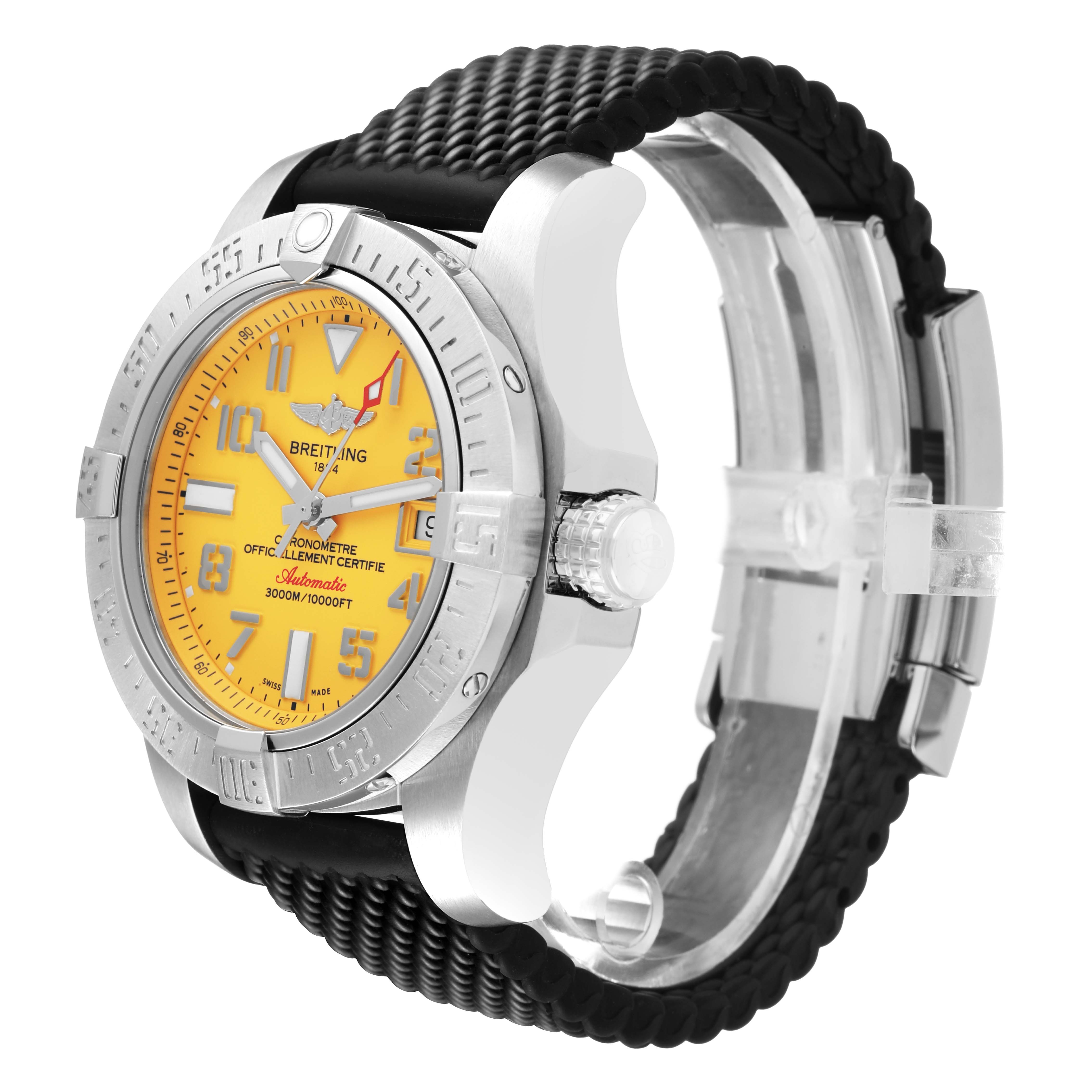 The Breitling Avenger A17331 Men's Stainless Steel Yellow Dial watch is shown at a three-quarter angle, highlighting the face, bezel, crown, and part of the strap.