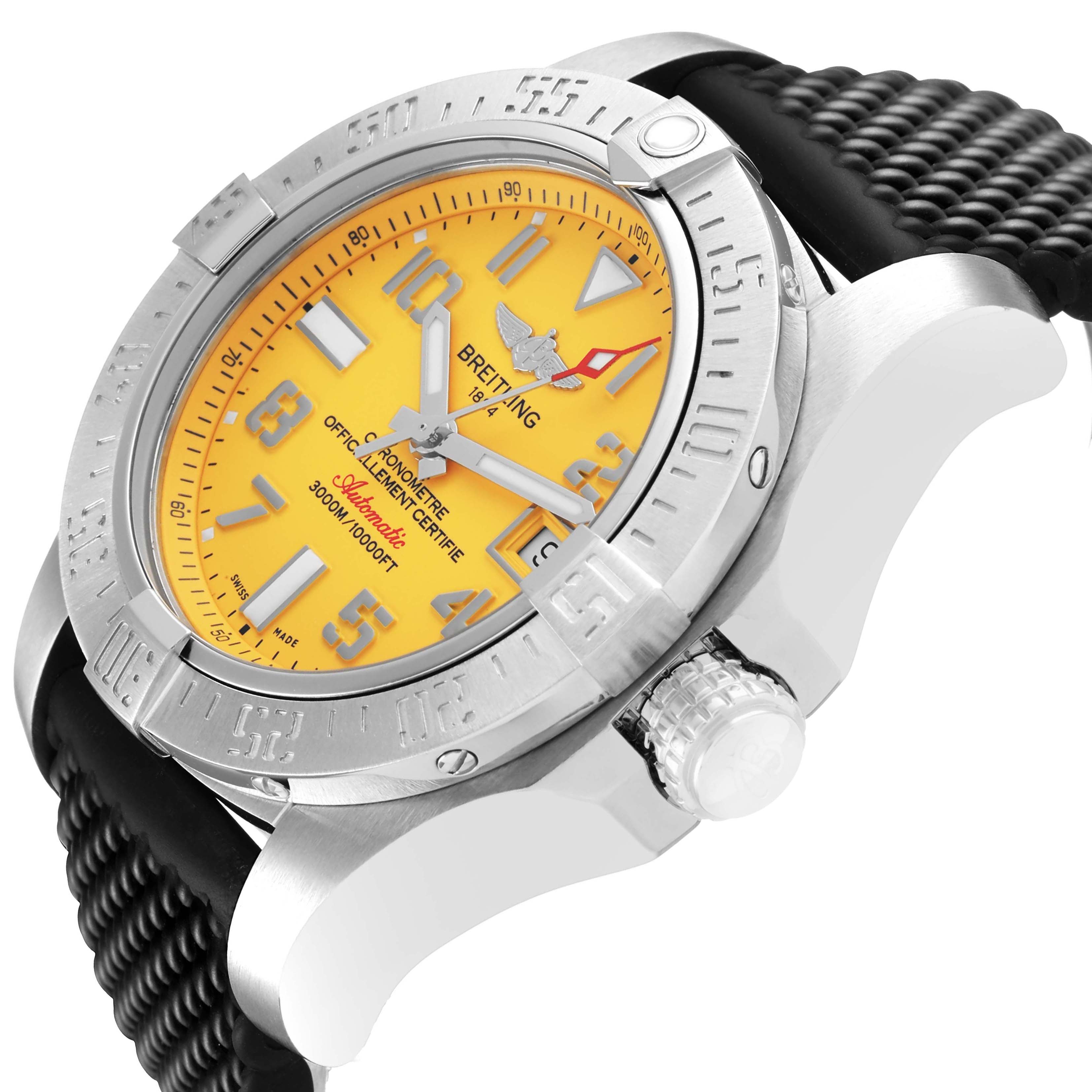 The Breitling Avenger A17331 Men's Stainless Steel Yellow Dial watch is shown at a tilted angle, displaying the yellow face, bezel, crown, and part of the black strap.