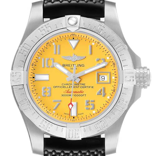 The Breitling Avenger A17331 Men's Stainless Steel Yellow Dial watch is shown from the front, highlighting the yellow dial, bezel, and crown details.