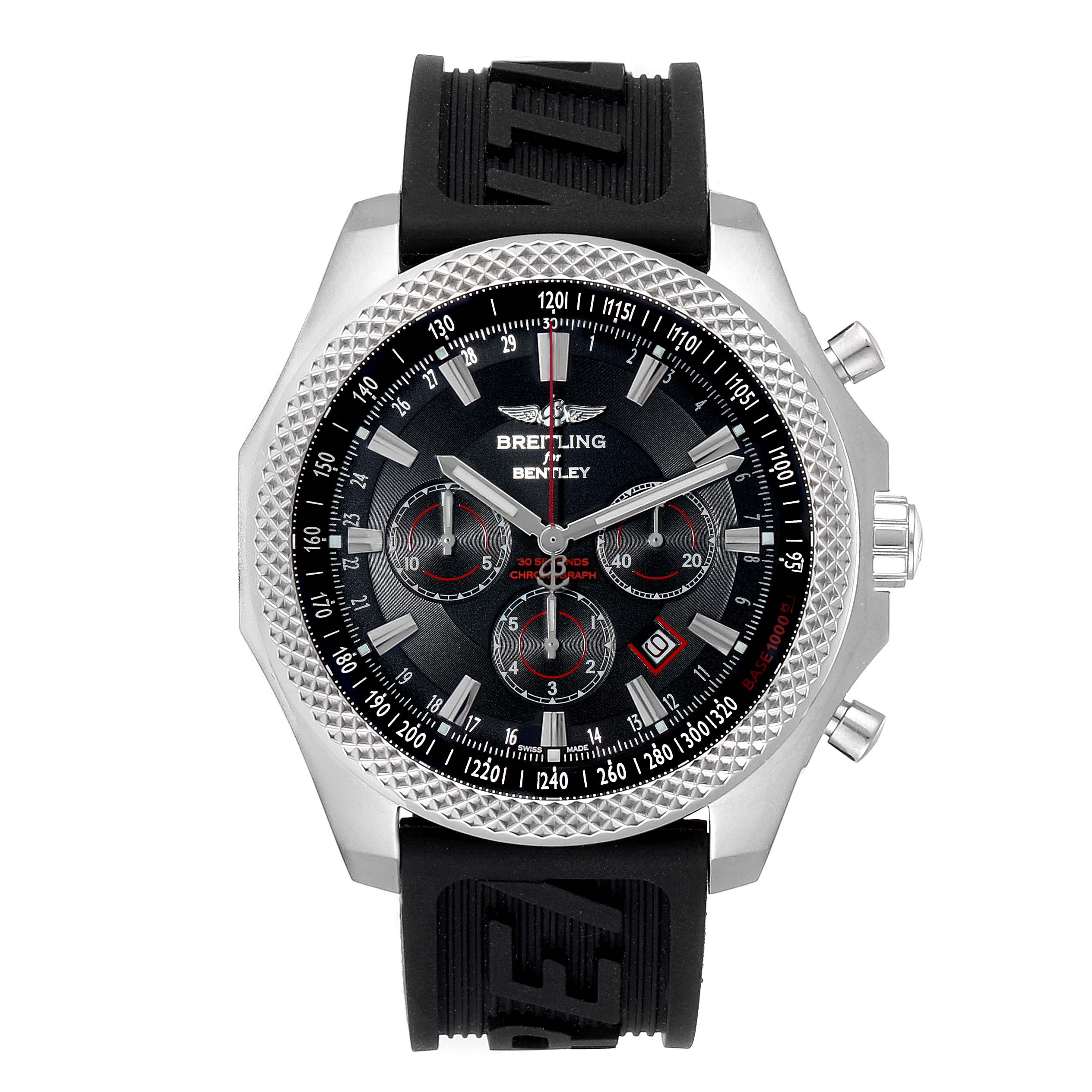 This image shows a frontal view of a Breitling Bentley A25368 Men's Stainless Steel Black Dial A25368 Men's Stainless Steel Black Dial watch with its black dial, chronograph sub-dials, and black rubber strap.