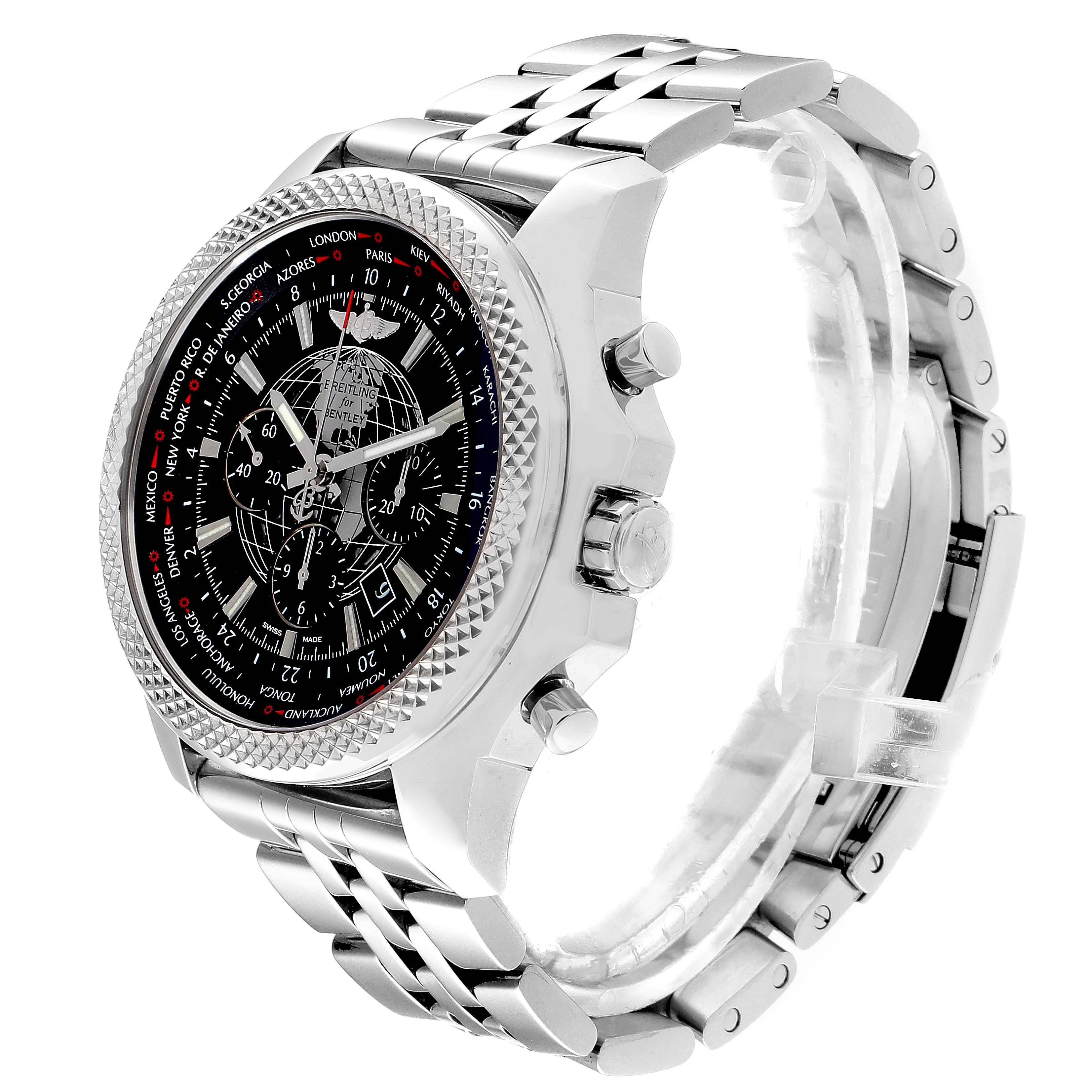 The image shows a side angle of the Bentley model by Breitling, highlighting the bezel, crown, pushers, and stainless steel bracelet.