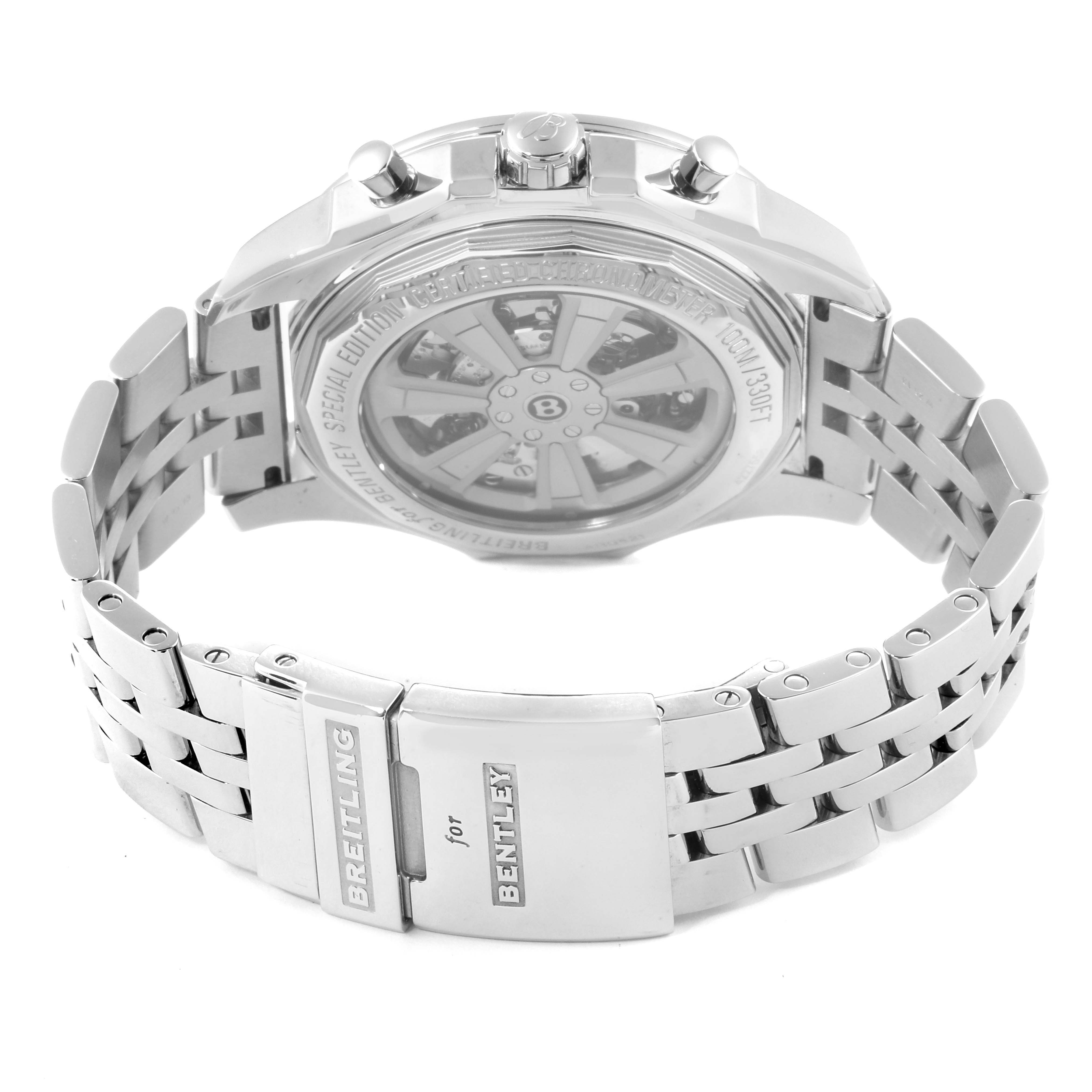 The image shows the back and bracelet clasp of a Bentley model watch by Breitling from a rear angle.