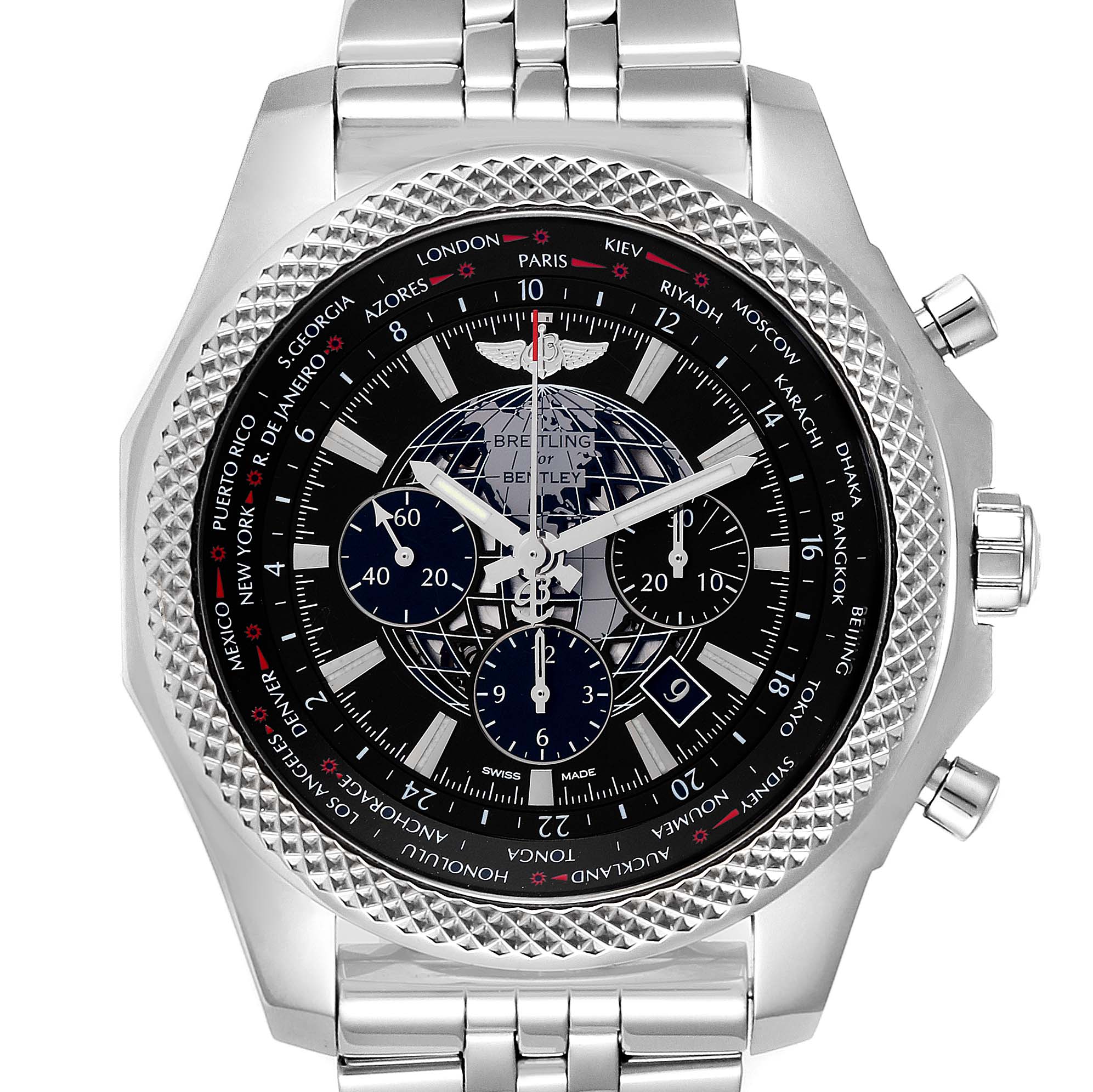 This Bentley model by Breitling is shown from a front angle, displaying its face, bezel, and part of the metal bracelet.