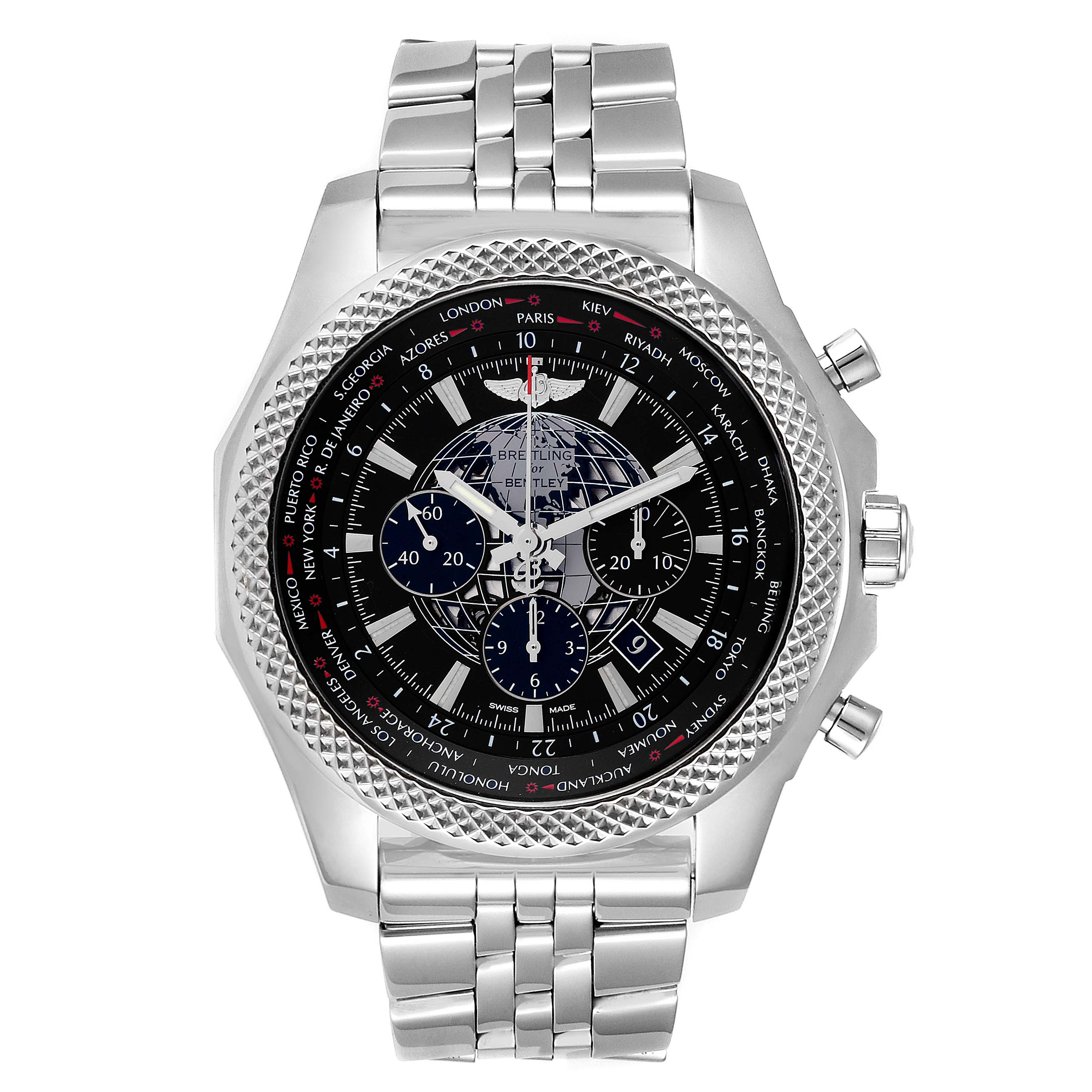 The image shows a front view of the Breitling Bentley AB0521U4/BC65 Men's Stainless Steel Black Dial AB0521U4/BC65 Men's Stainless Steel Black Dial model watch, featuring the dial, bezel, crown, pushers, and metal bracelet.