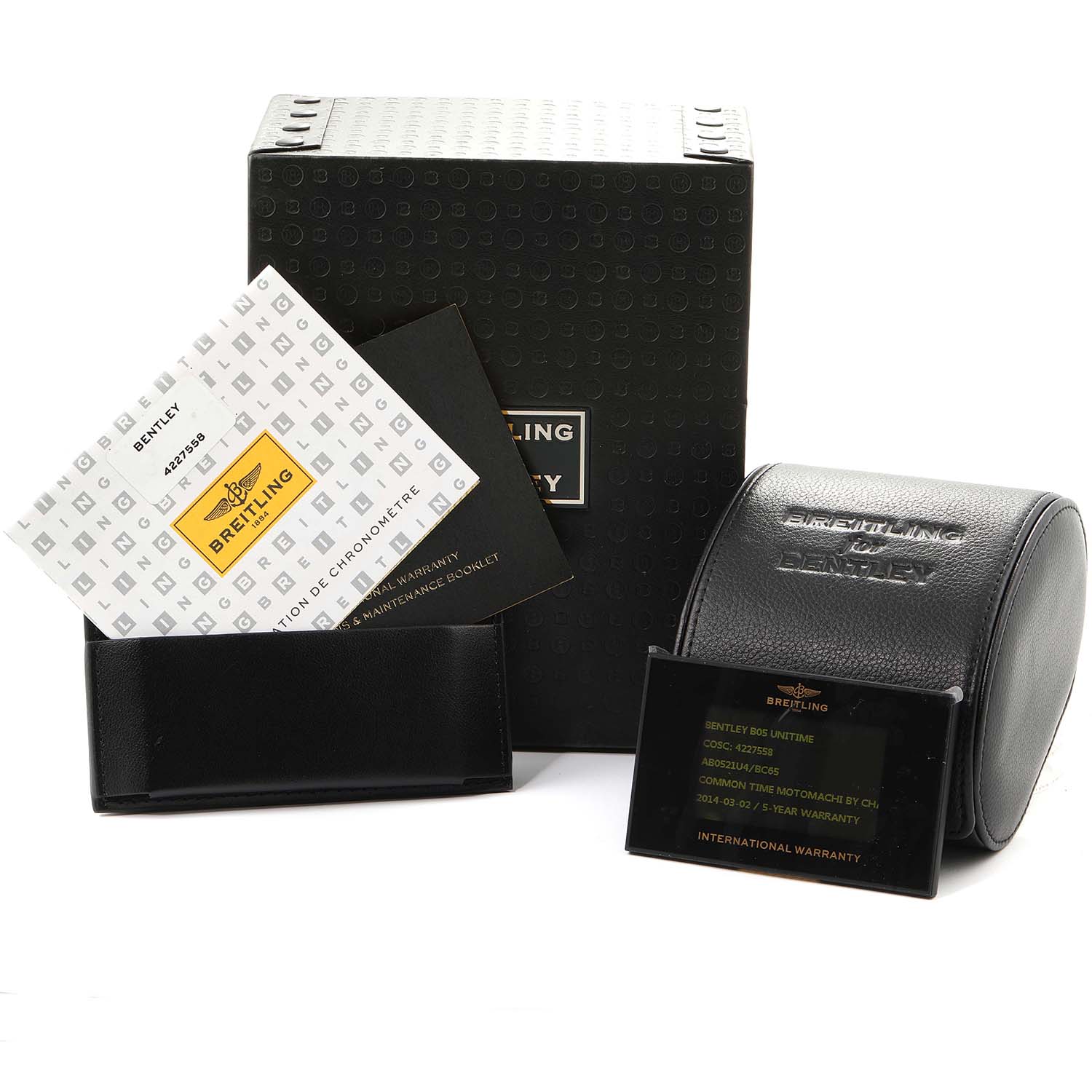 The image shows the packaging and accessories for a Breitling Bentley AB0521U4/BC65 Men's Stainless Steel Black Dial AB0521U4/BC65 Men's Stainless Steel Black Dial watch, including booklets, a box, and a case.