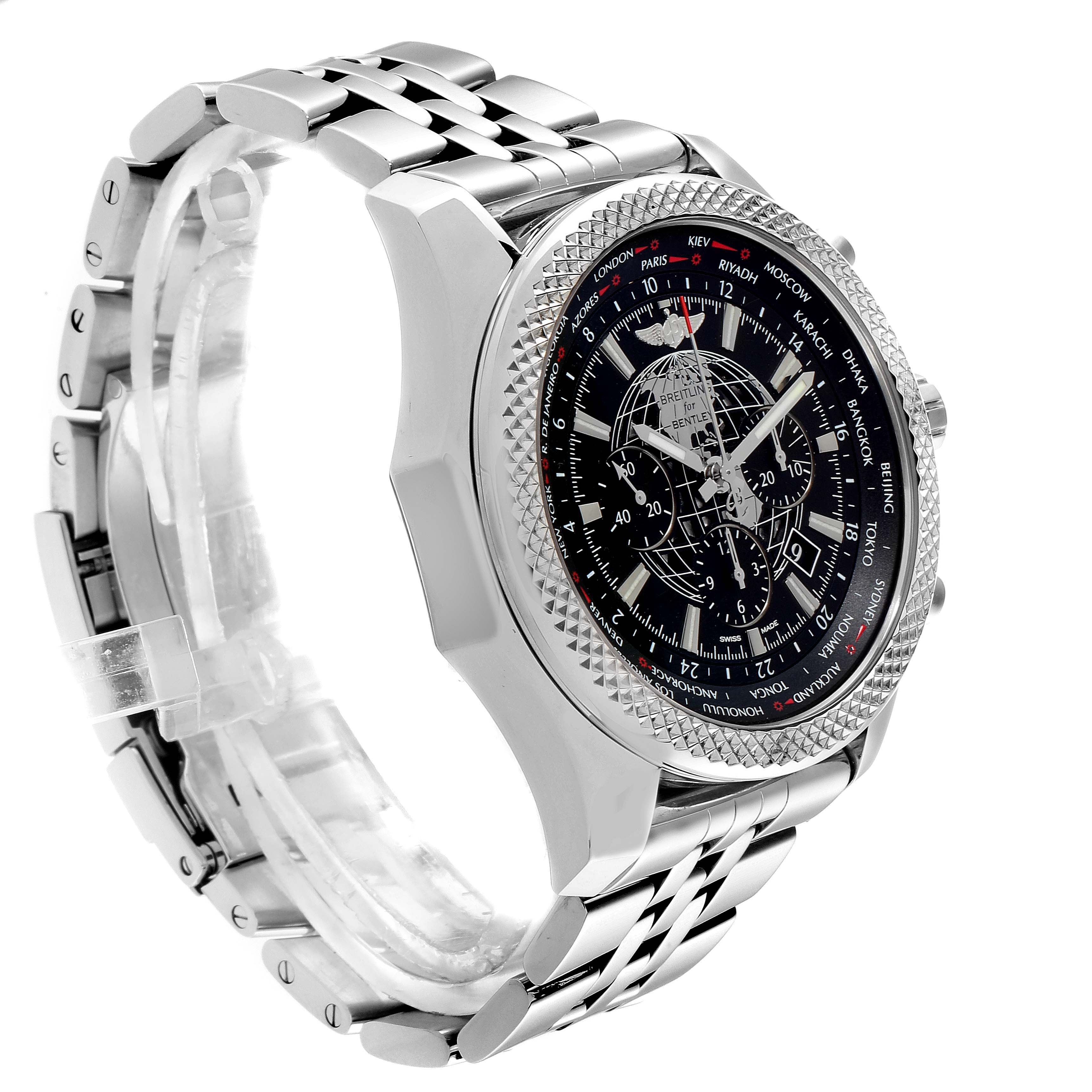 The image shows a side angle view of a Bentley model Breitling watch, highlighting its face, bezel, and metal strap.