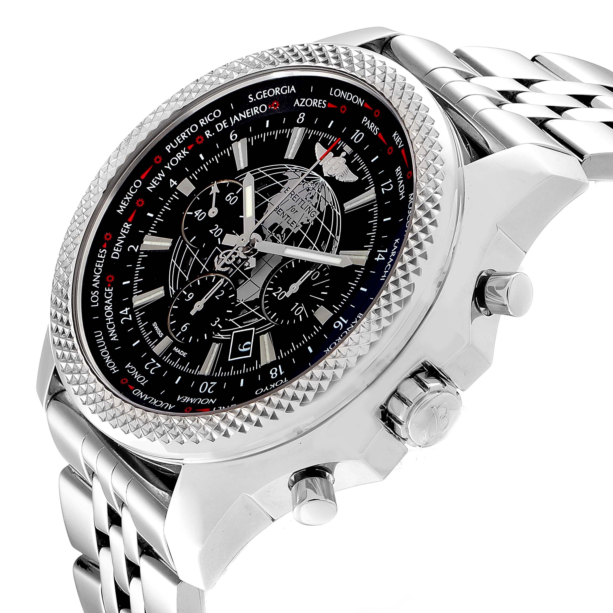 The Breitling Bentley AB0521U4/BC65 Men's Stainless Steel Black Dial AB0521U4/BC65 Men's Stainless Steel Black Dial watch is shown from an oblique angle, highlighting the dial, bezel, case, and part of the bracelet.