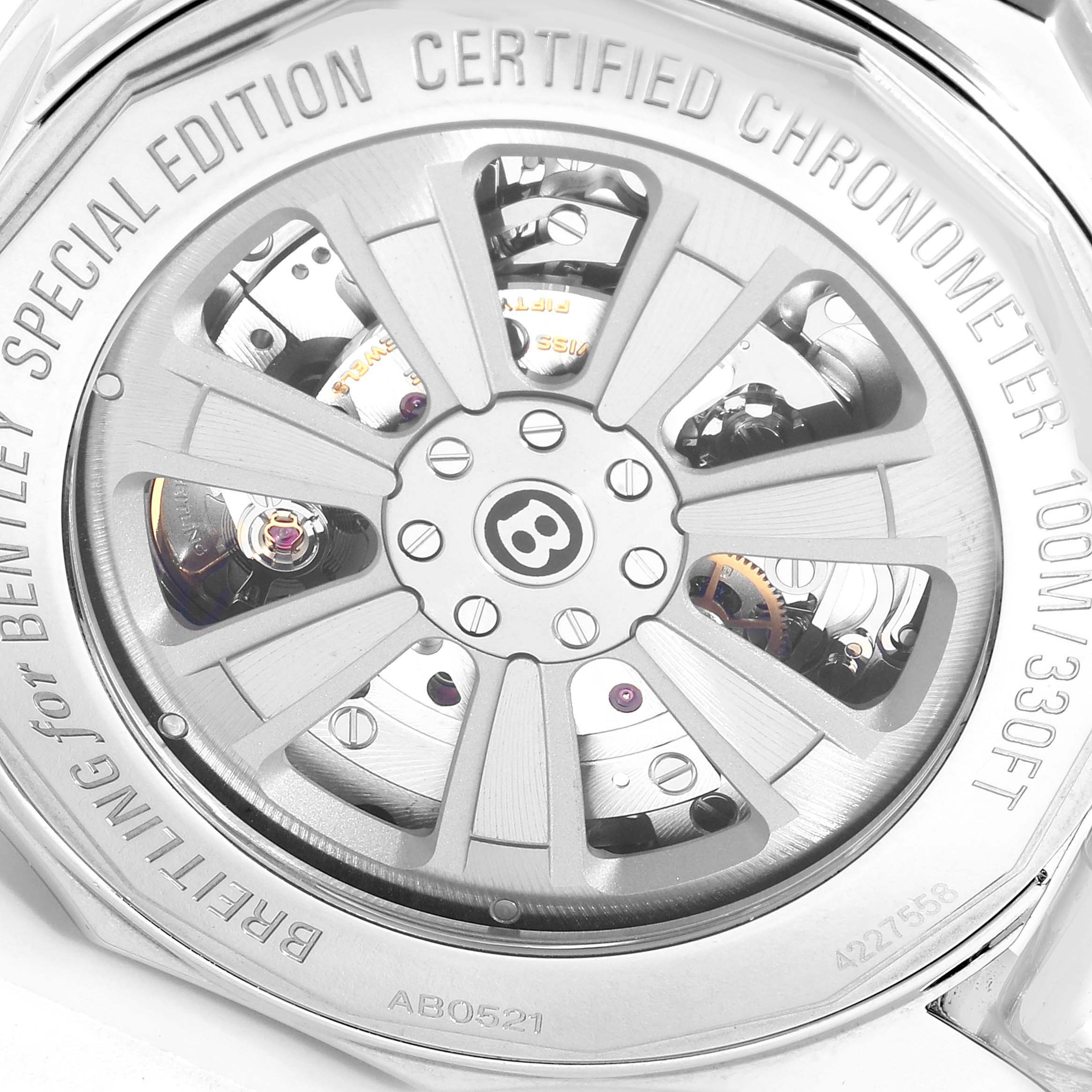 The image shows the rear view of a Breitling Bentley AB0521U4/BC65 Men's Stainless Steel Black Dial AB0521U4/BC65 Men's Stainless Steel Black Dial watch, featuring the visible movement and special edition engraving.