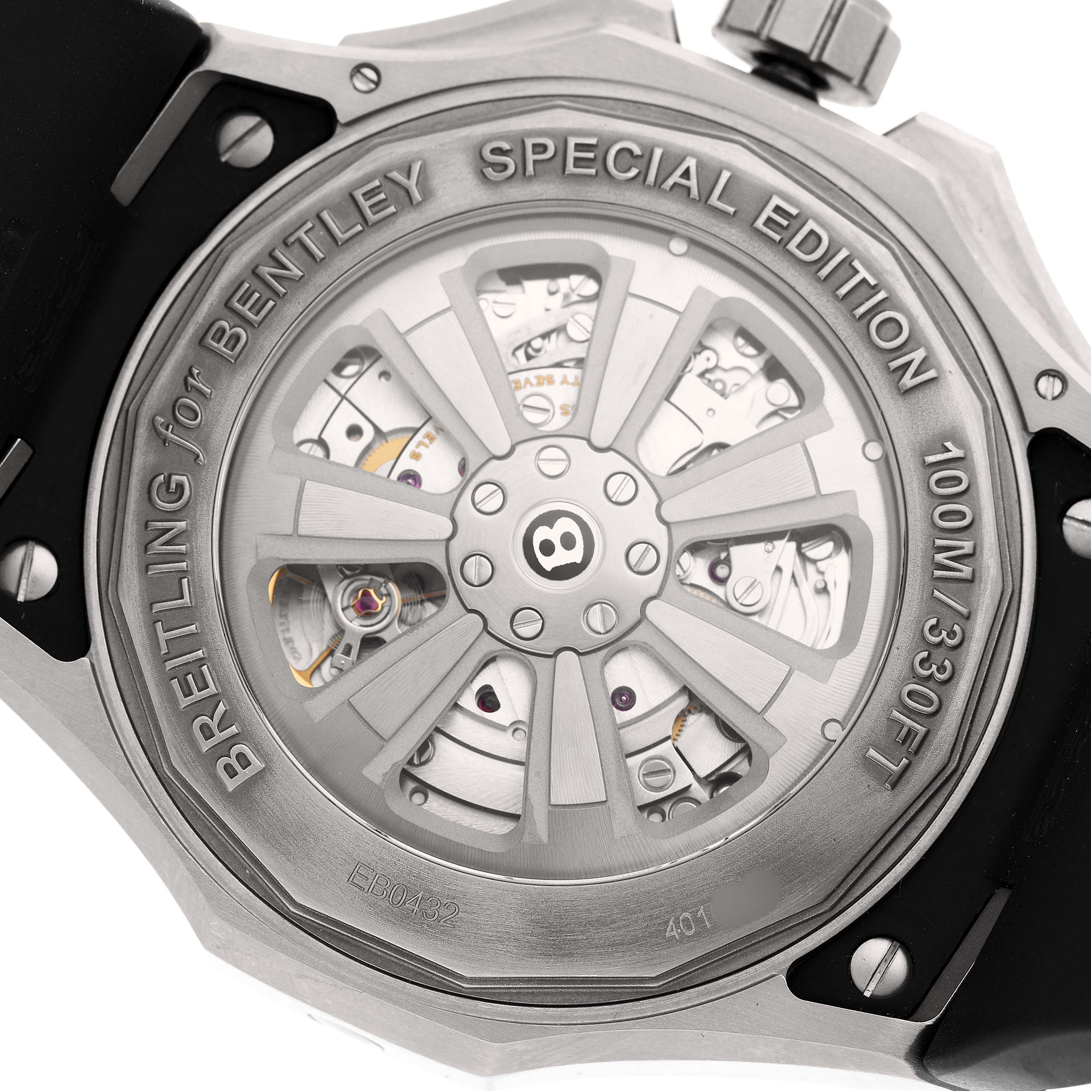 The image shows the back of a Breitling for Bentley watch, highlighting its transparent case back and rotor design.