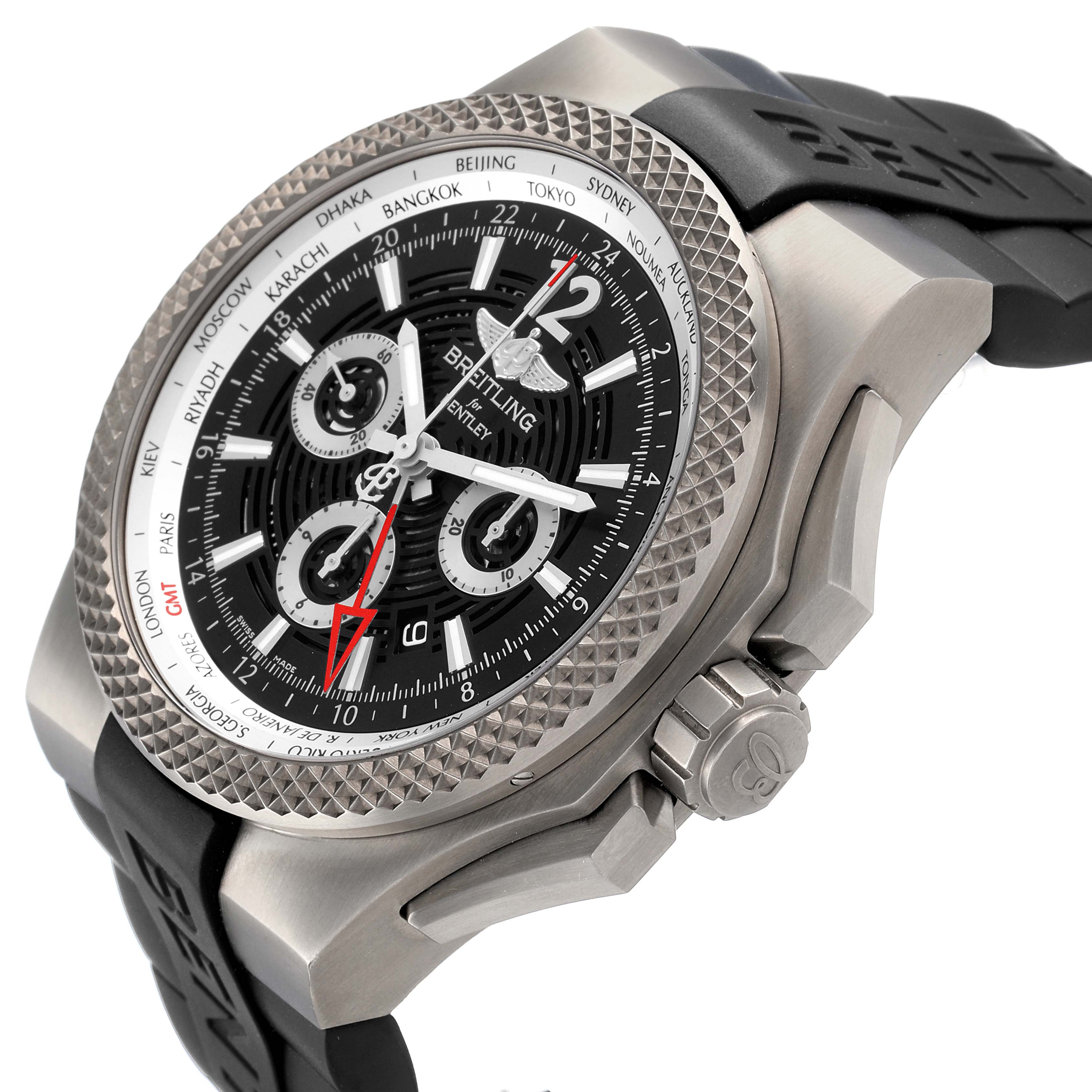 The Breitling Bentley EB0432 Men's Titanium Black Dial watch is shown at an angle displaying the face, bezel, and part of the strap.