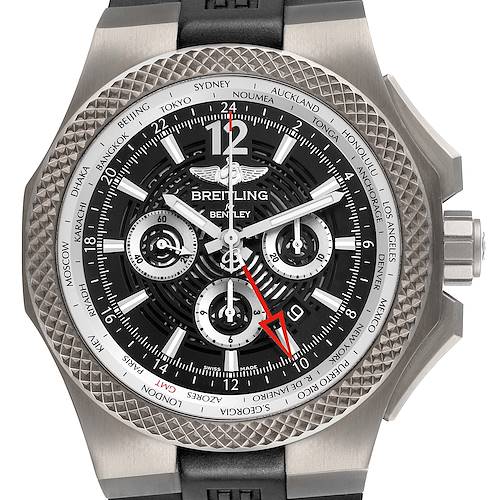 The Breitling Bentley EB0432 Men's Titanium Black Dial watch is shown from the front, highlighting its face, dials, bezel, and part of the strap.