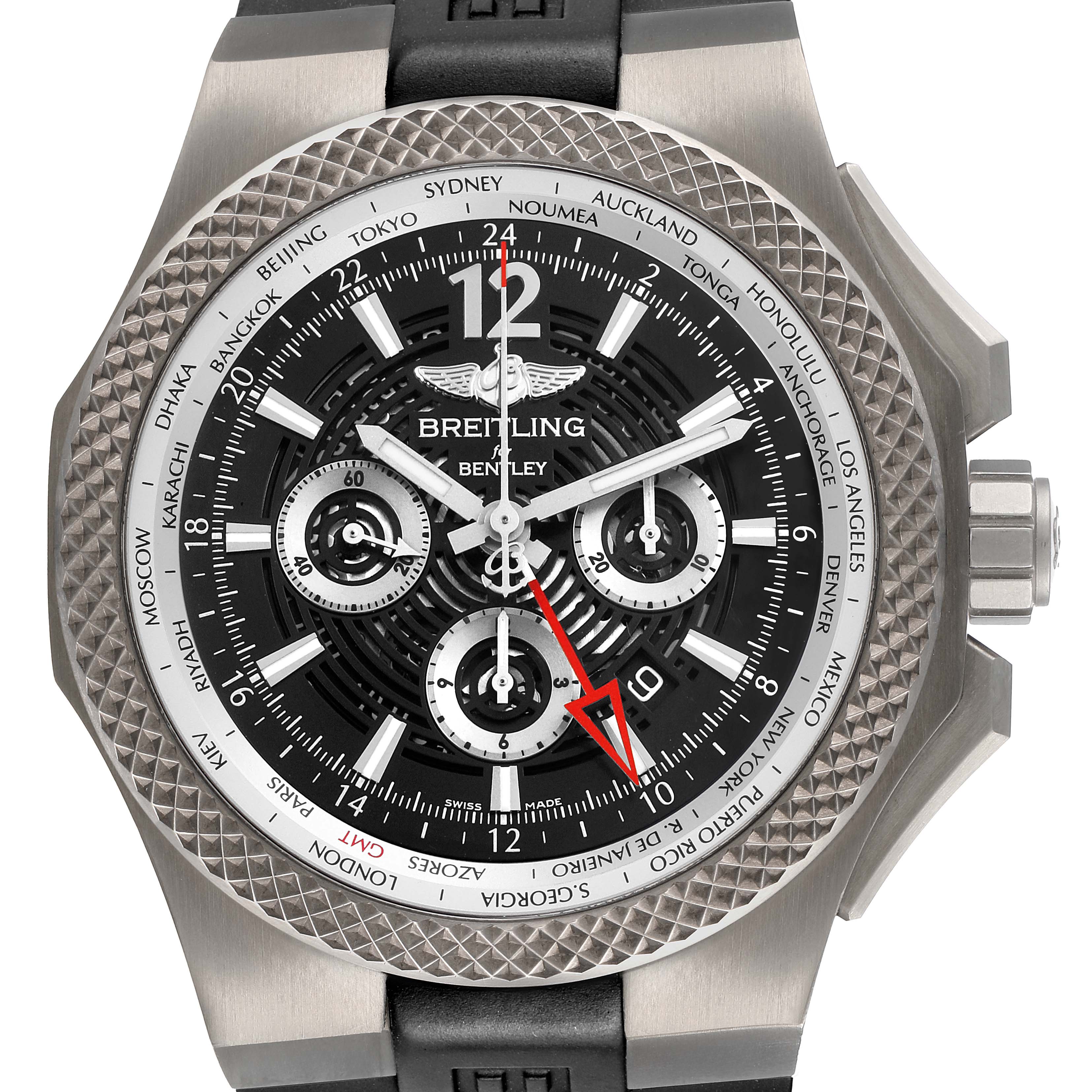 The Breitling Bentley EB0432 Men's Titanium Black Dial watch is shown face-on, displaying its dial, bezel, and chronograph subdials.