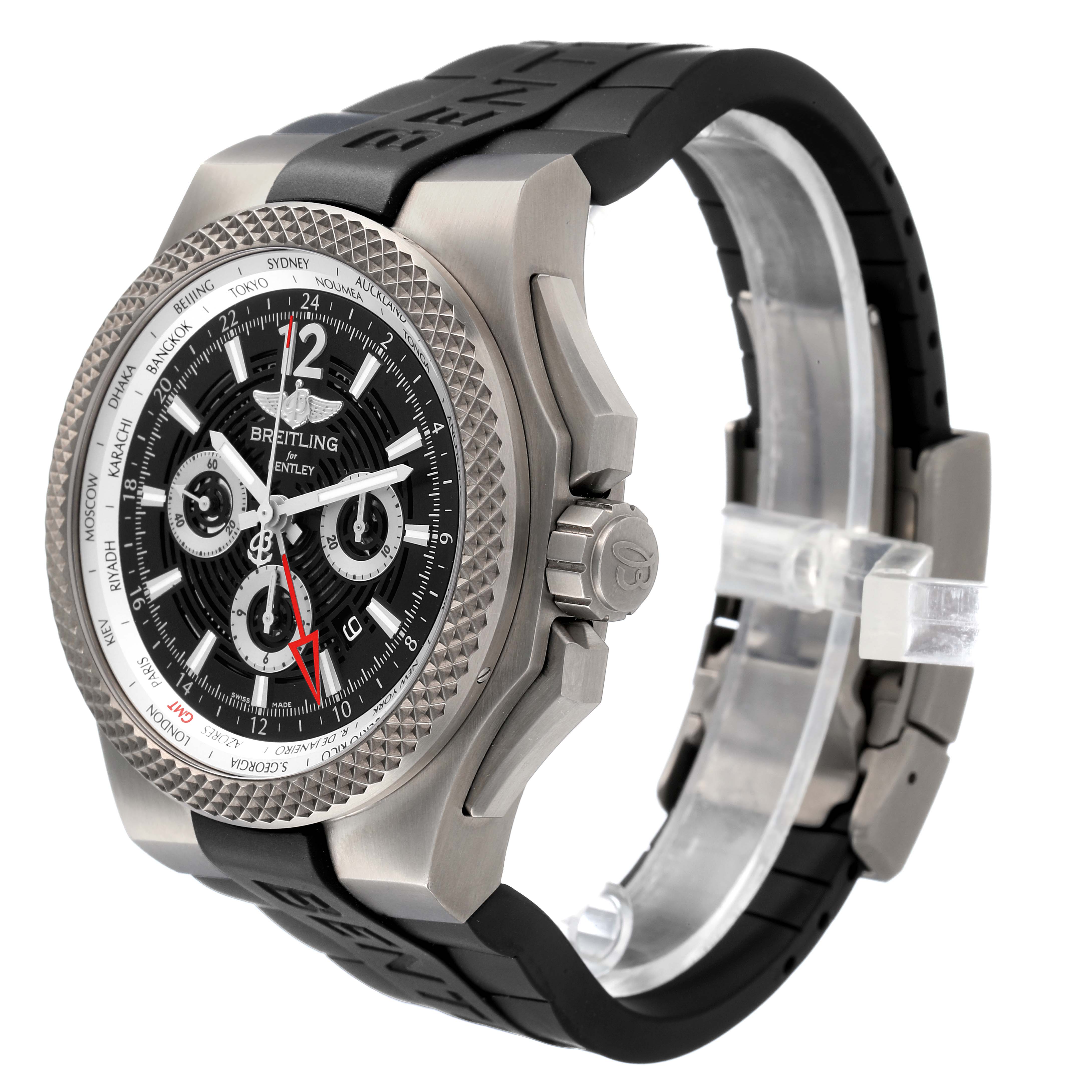 The Breitling Bentley EB0432 Men's Titanium Black Dial watch is shown at an angle highlighting the bezel, dial, crown, and rubber strap.