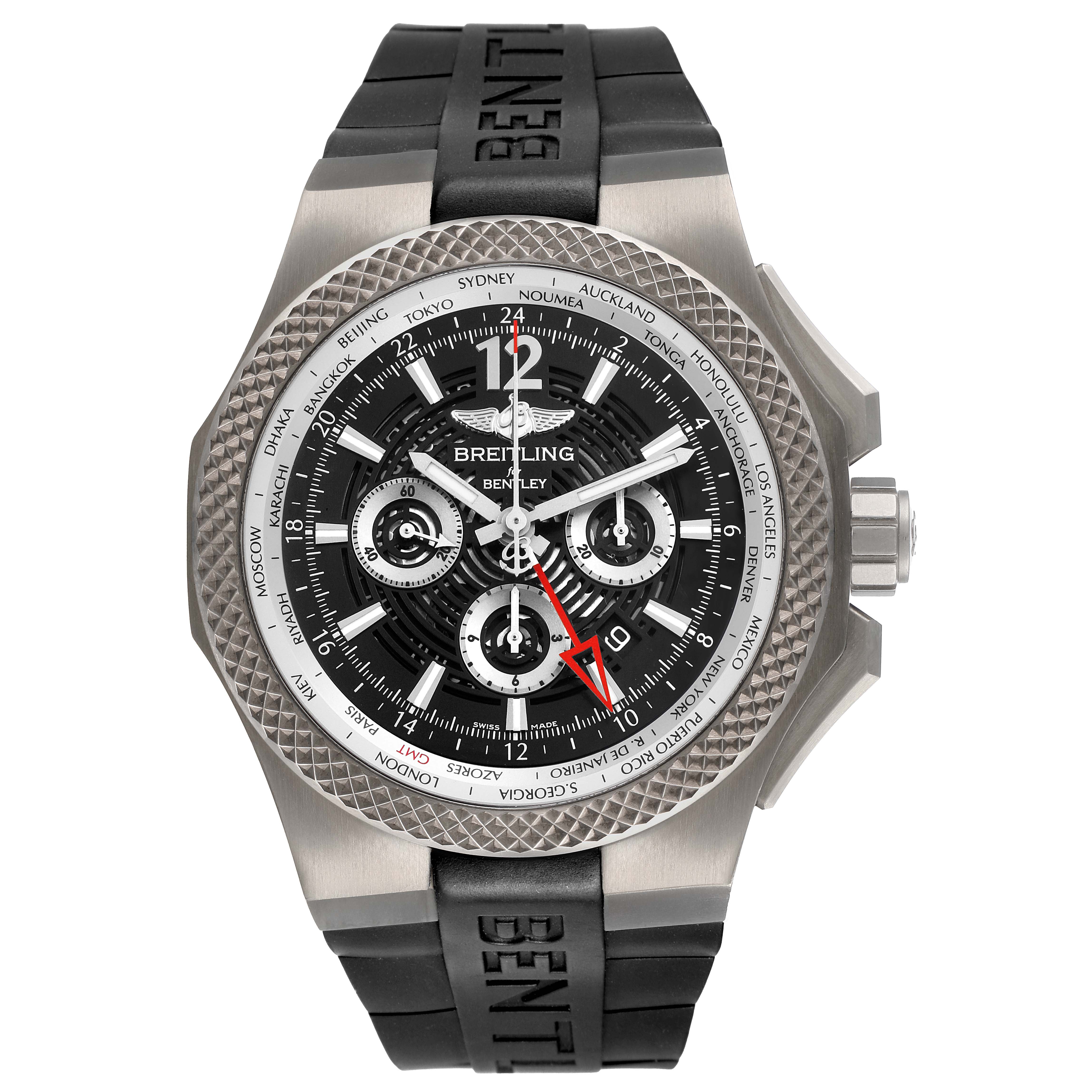 The Breitling Bentley EB0432 Men's Titanium Black Dial watch is shown from a front angle, displaying the dial, bezel, and part of the strap.