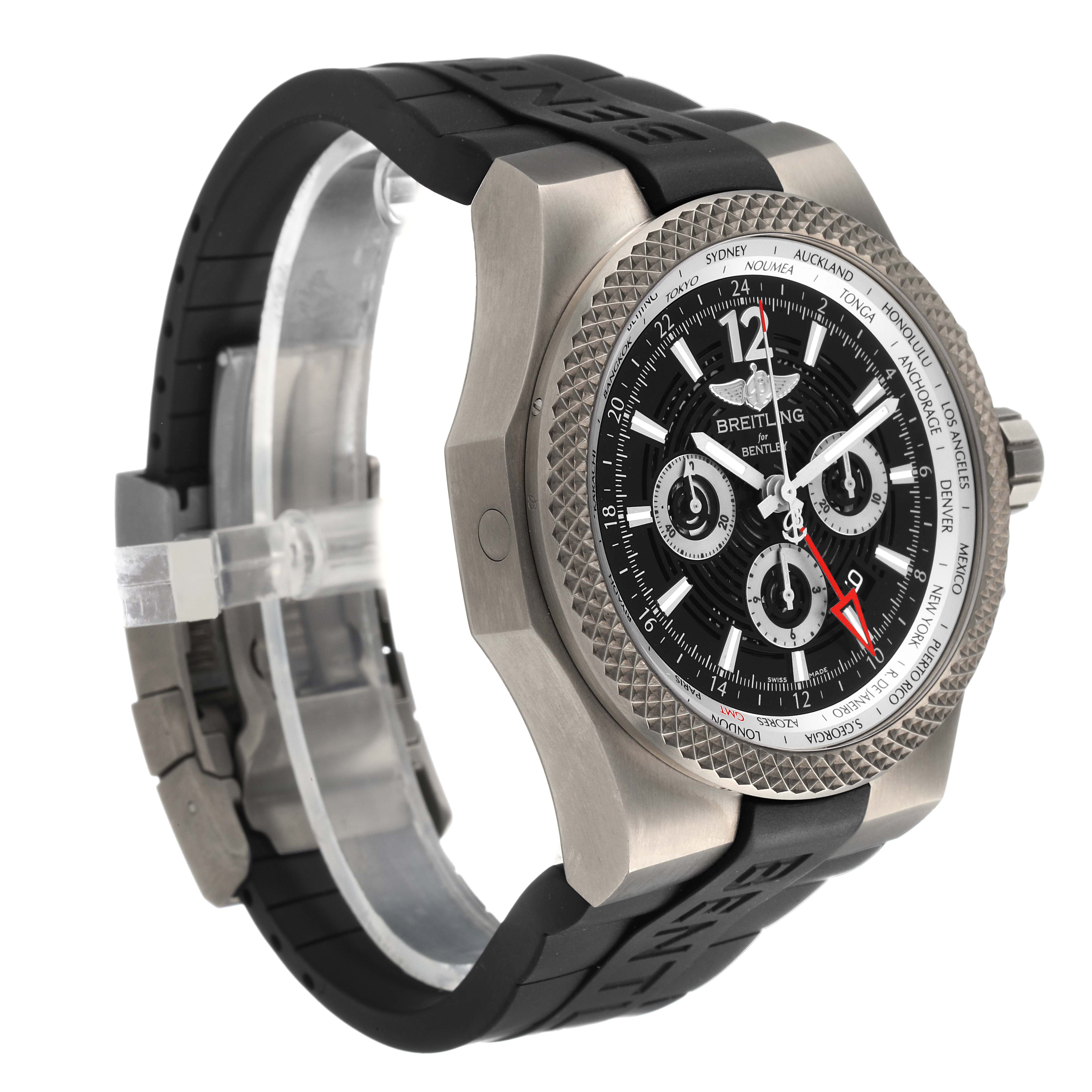 The Breitling Bentley EB0432 Men's Titanium Black Dial watch is shown at a three-quarter angle, displaying the face, bezel, and band.