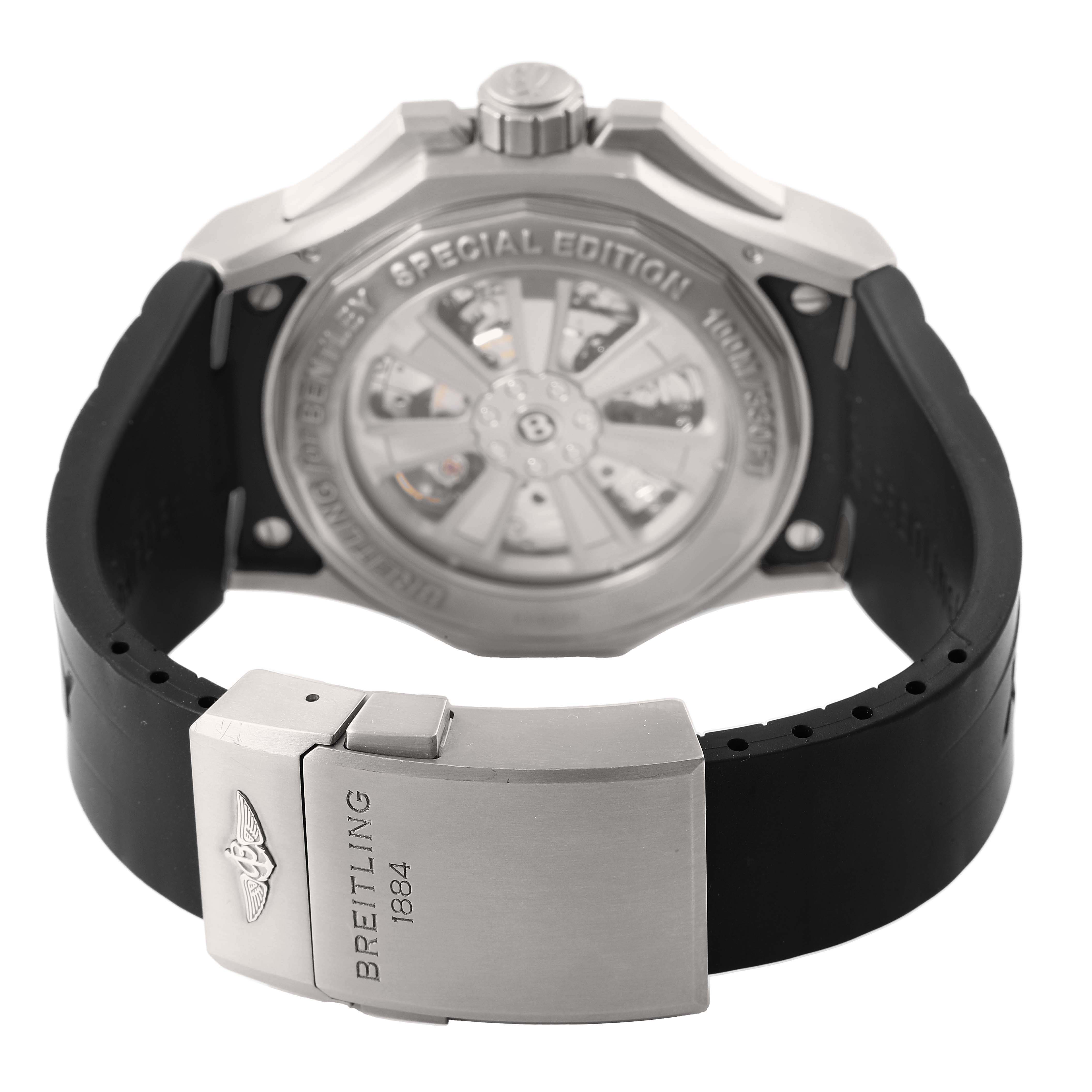 The image shows the back case and clasp of a Breitling Bentley EB0432 Men's Titanium Black Dial watch, highlighting its special edition engraving.