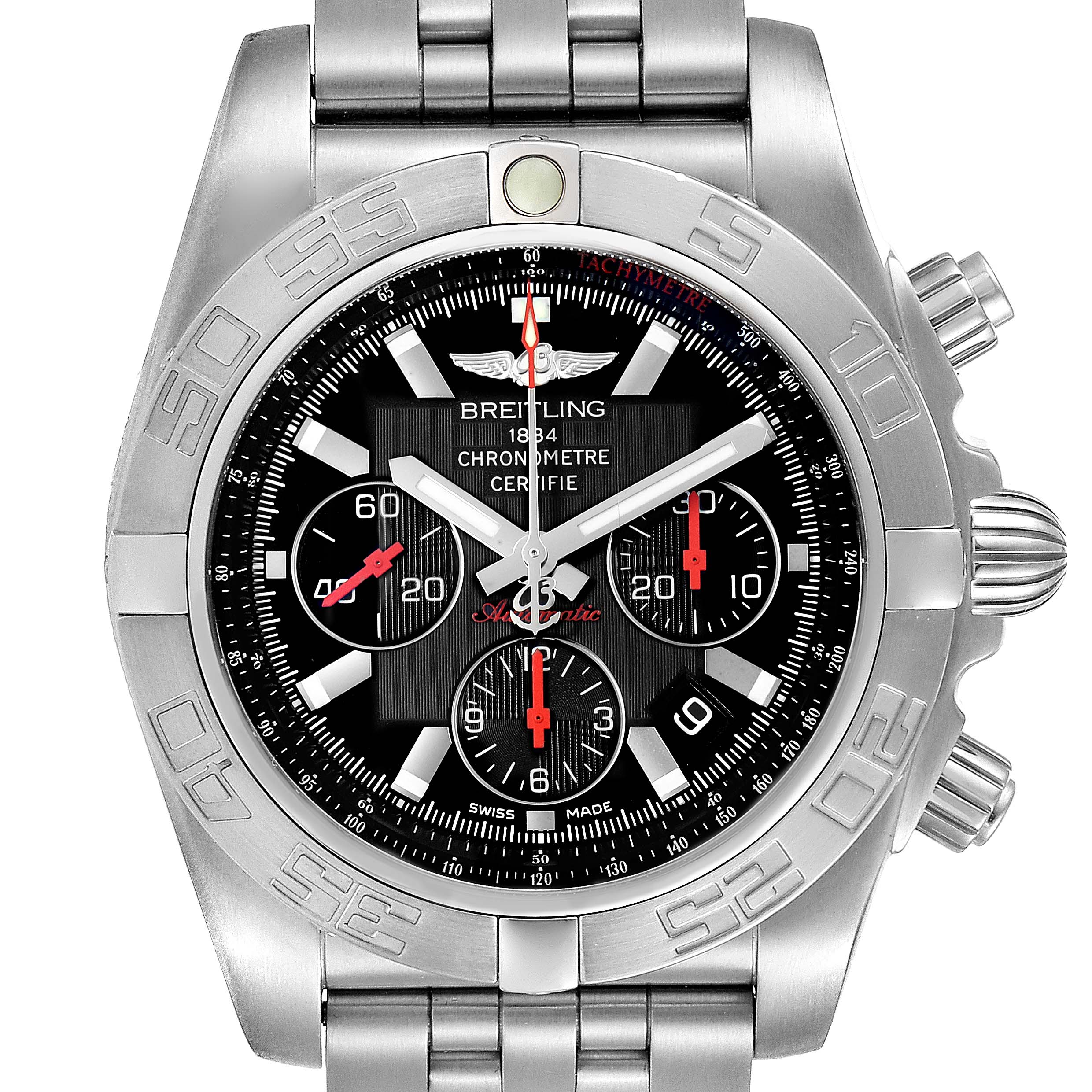 The image shows a frontal view of the Breitling Chronomat AB011110/BA50-SS Men
s Stainless Steel Black Dial AB011110/BA50-SS Men
s Stainless Steel Black Dial watch, highlighting its dial, bezel, and chronograph features.