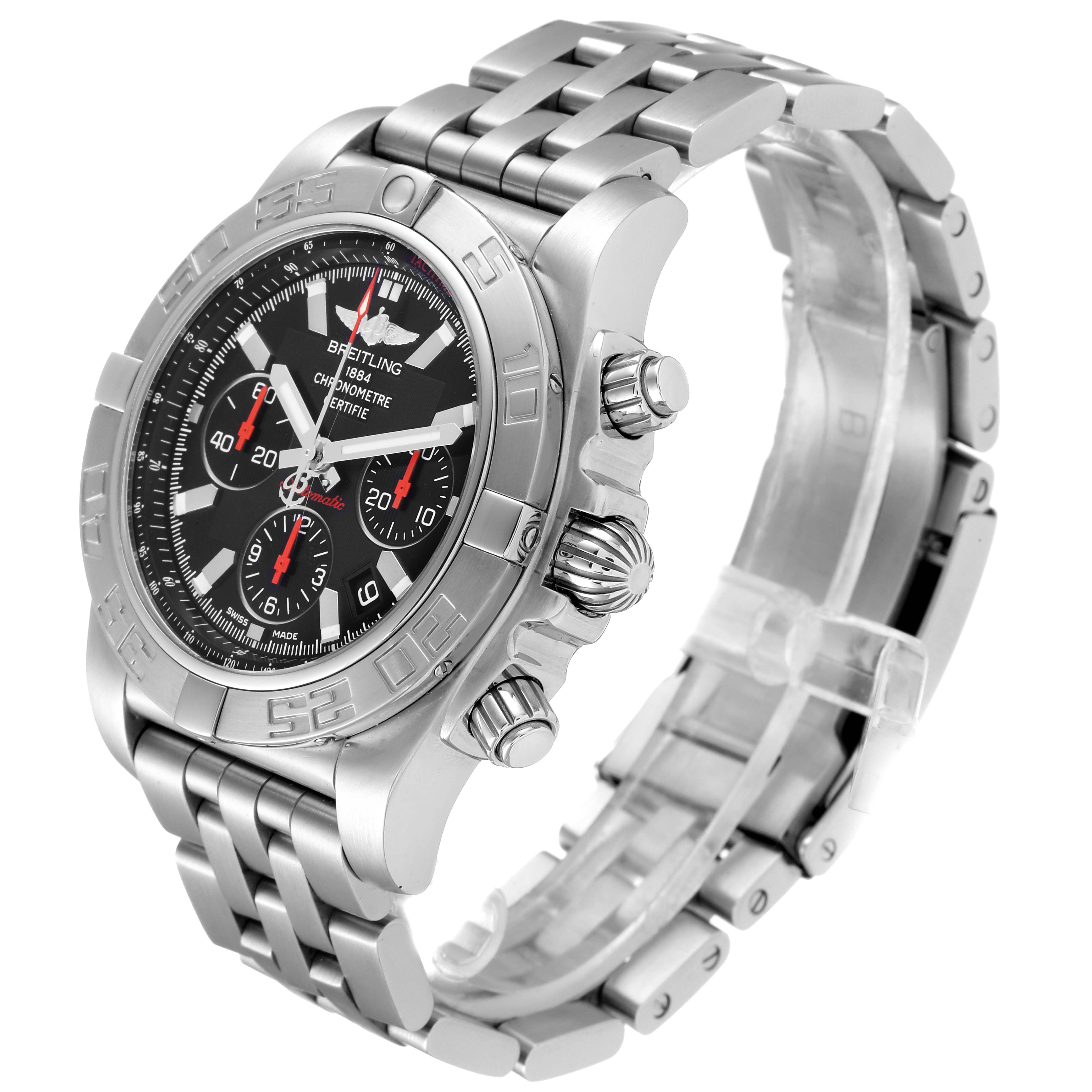 The Breitling Chronomat AB011110/BA50-SS Men
s Stainless Steel Black Dial AB011110/BA50-SS Men
s Stainless Steel Black Dial watch is shown at an angle highlighting the dial, bezel, side buttons, and the metal bracelet.