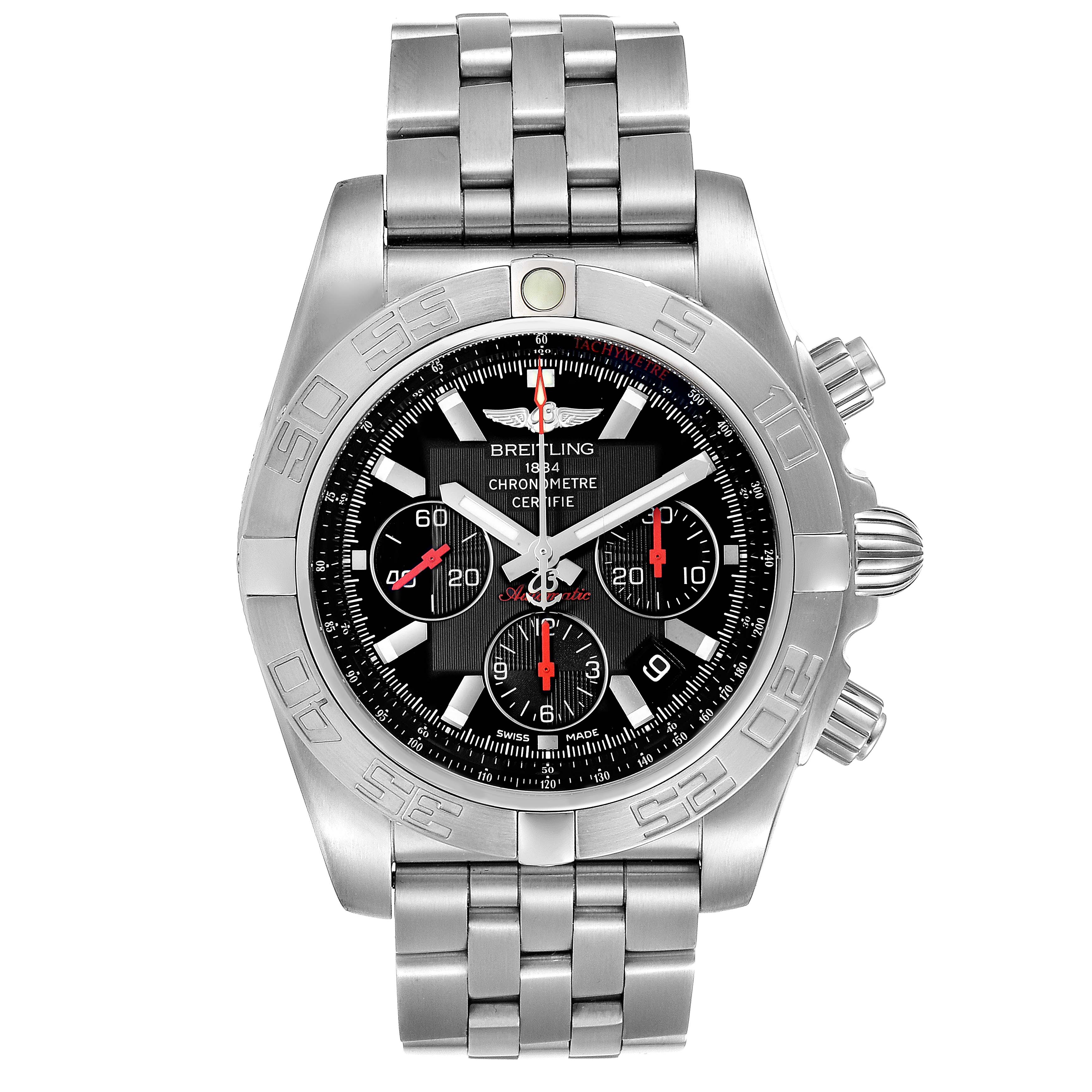 The image shows a front view of a Breitling Chronomat AB011110/BA50-SS Men
s Stainless Steel Black Dial AB011110/BA50-SS Men
s Stainless Steel Black Dial watch, highlighting its stainless steel case, bracelet, and chronograph features.