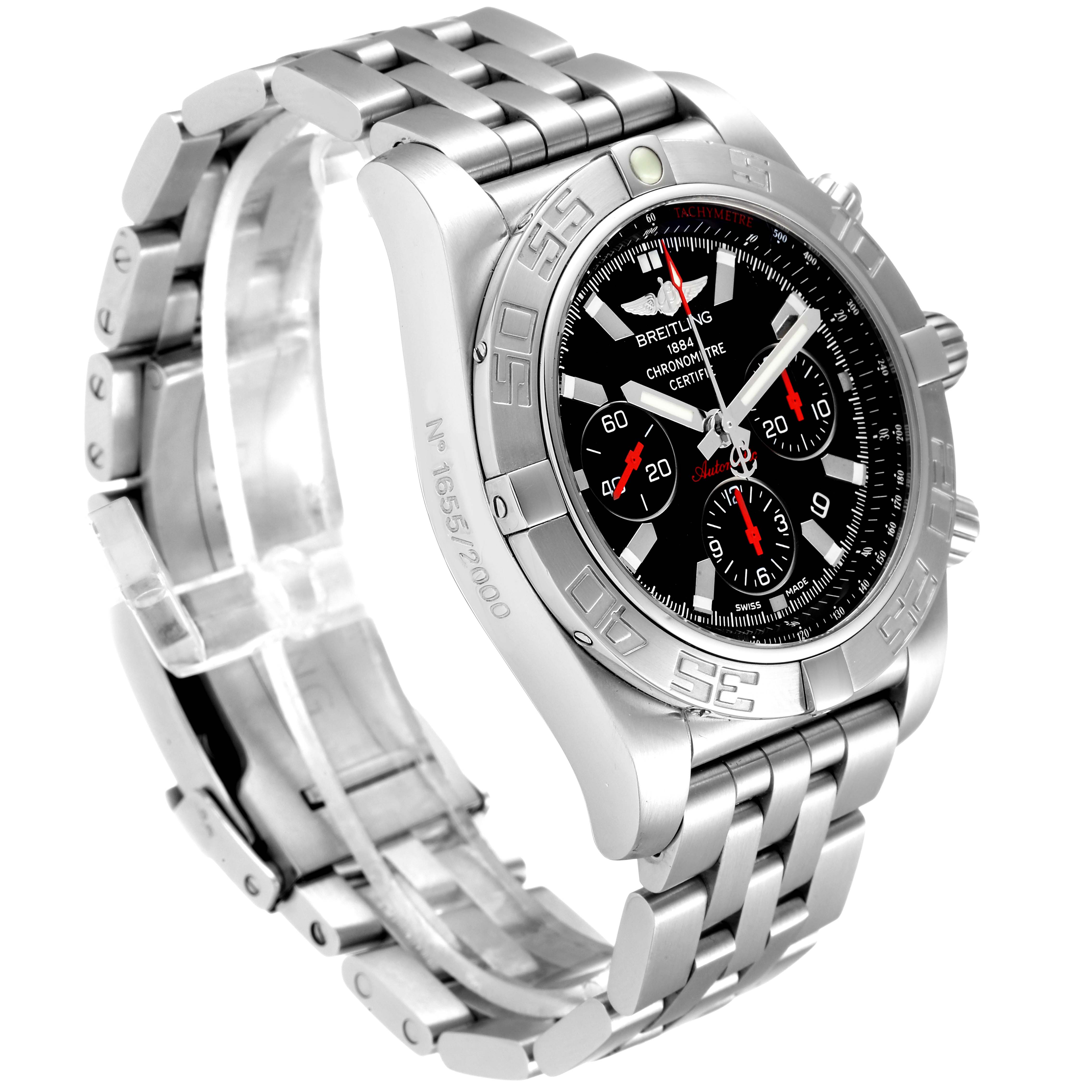 The Breitling Chronomat AB011110/BA50-SS Men
s Stainless Steel Black Dial AB011110/BA50-SS Men
s Stainless Steel Black Dial watch is shown at a slight angle, displaying its face, bezel, crown, and metal bracelet.