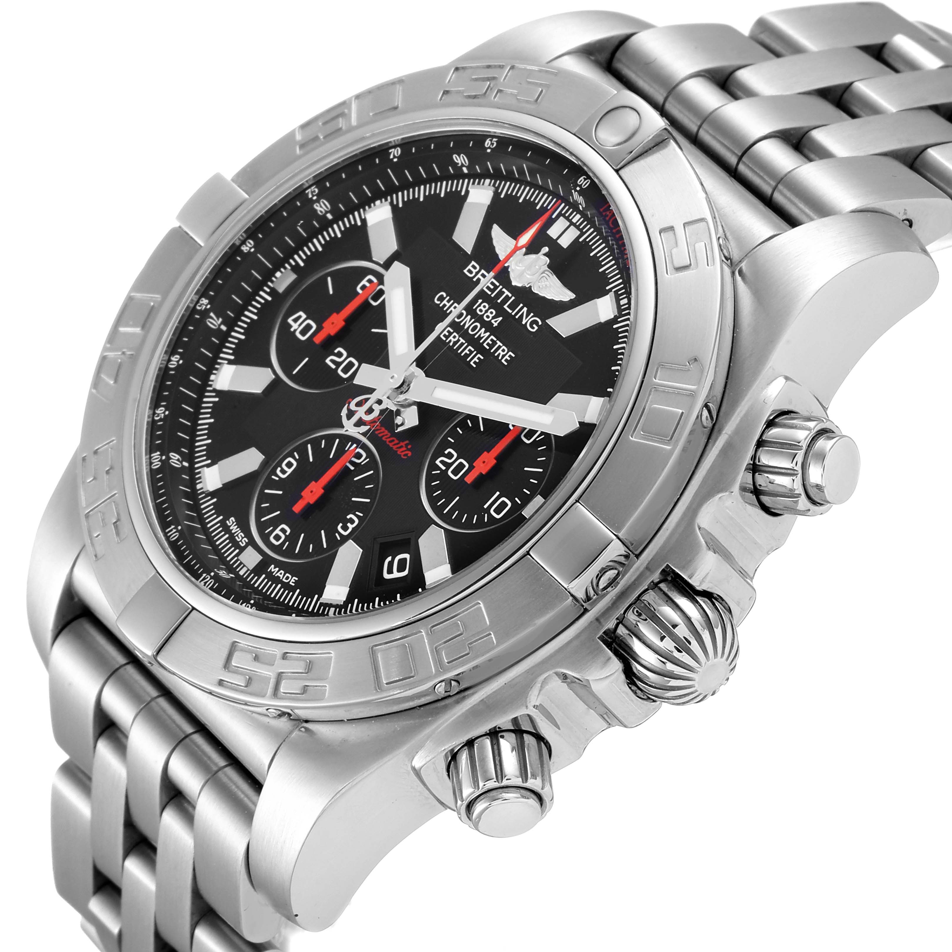 This image shows a side angle view of the Breitling Chronomat AB011110/BA50-SS Men
s Stainless Steel Black Dial AB011110/BA50-SS Men
s Stainless Steel Black Dial watch, highlighting the face, bezel, crown, and part of the bracelet.