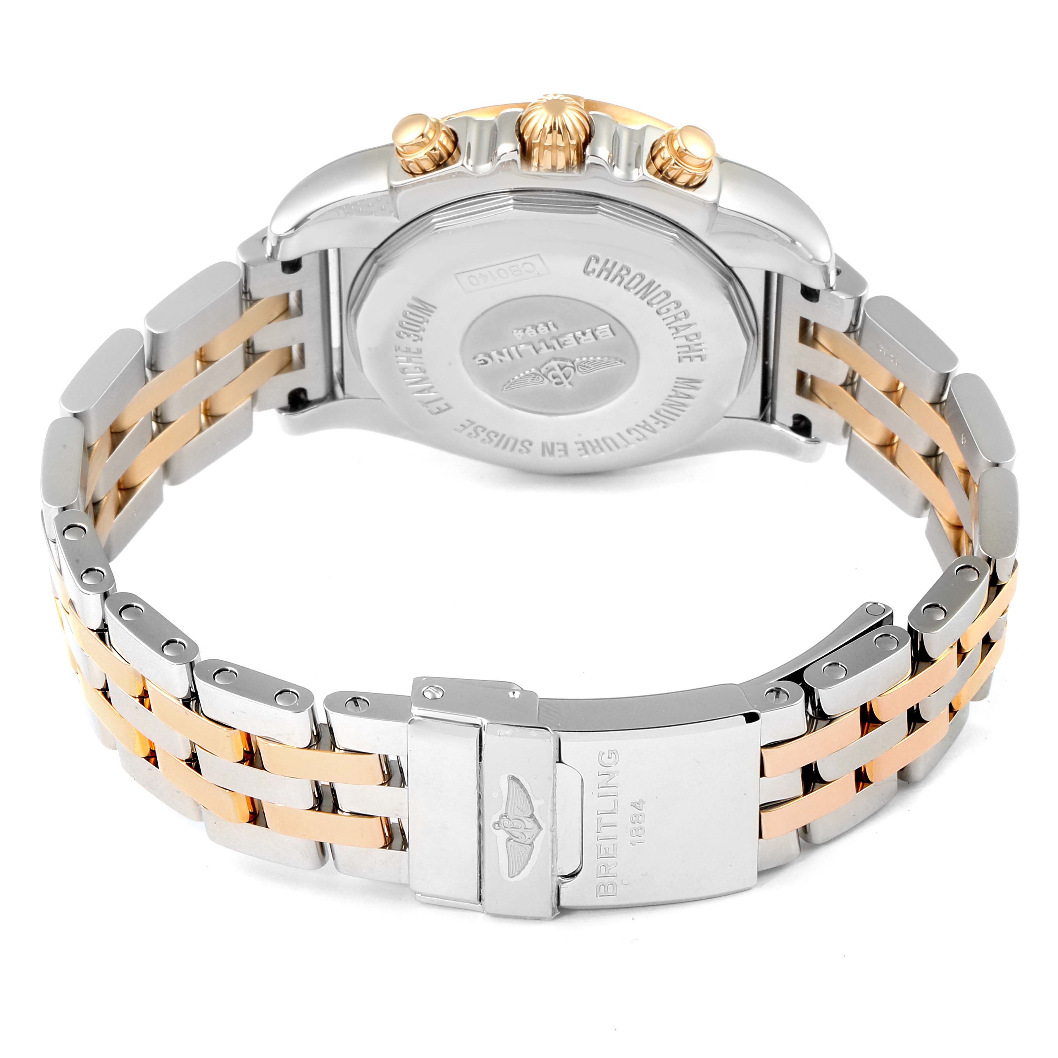 The image shows the back view of the Breitling Chronomat CB014012/A723 Men's Steel and Gold (two tone) Mother of Pearl Dial CB014012/A723 Men's Steel and Gold (two tone) Mother of Pearl Dial watch, highlighting the two-tone bracelet and the case back.