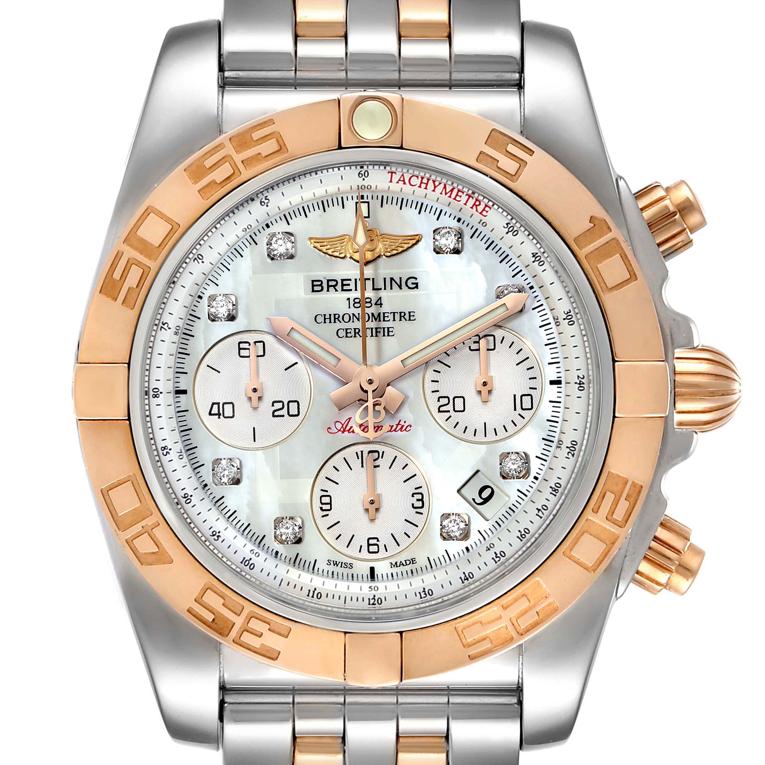 The image shows a front view of the Breitling Chronomat CB014012/A723 Men's Steel and Gold (two tone) Mother of Pearl Dial CB014012/A723 Men's Steel and Gold (two tone) Mother of Pearl Dial watch, highlighting its dial, bezel, crown, and bracelet.