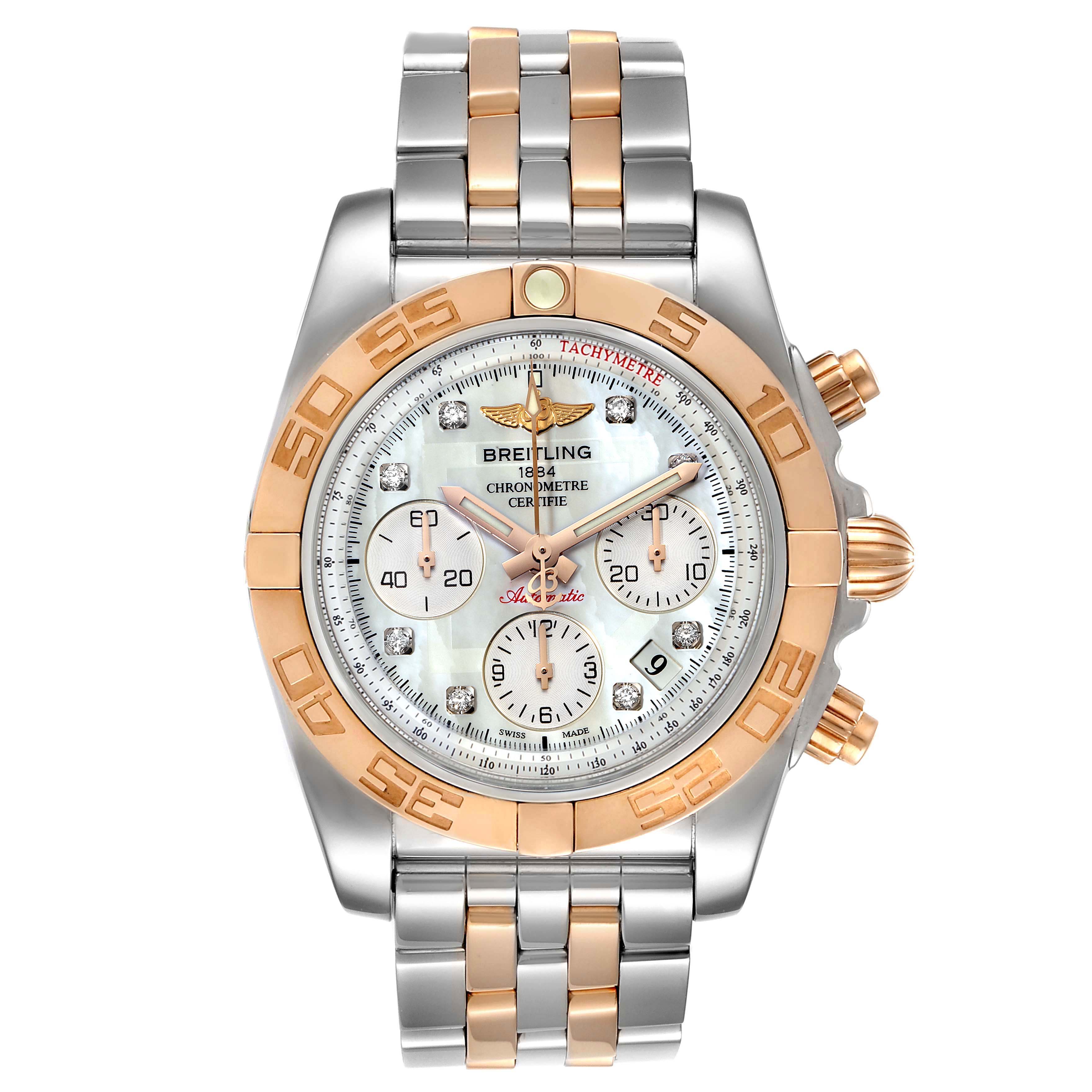 This image shows the Breitling Chronomat CB014012/A723 Men's Steel and Gold (two tone) Mother of Pearl Dial CB014012/A723 Men's Steel and Gold (two tone) Mother of Pearl Dial watch from a front angle, highlighting its two-tone bracelet, tachymetre bezel, and chronograph dials.