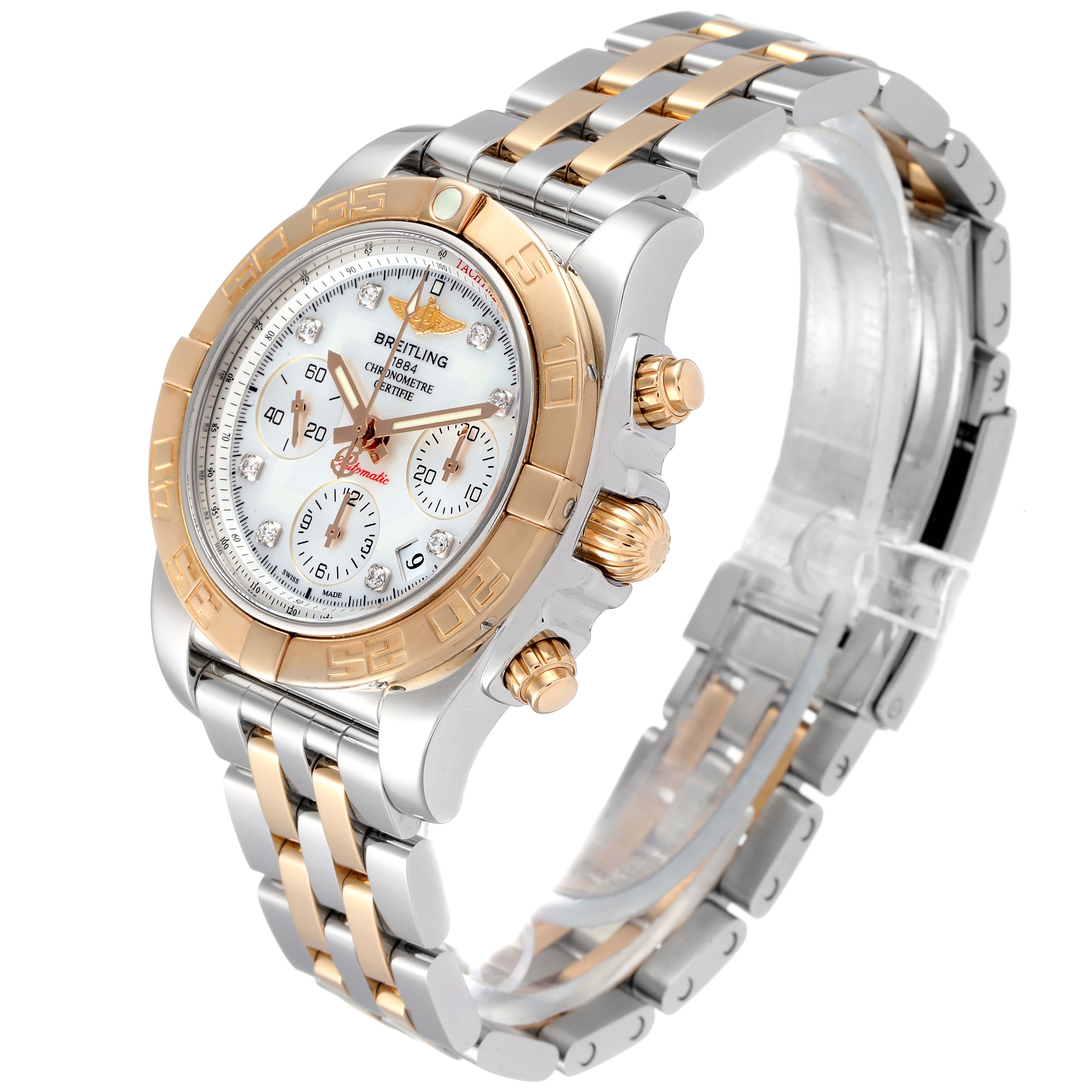 The image shows a Breitling Chronomat CB014012/A723 Men's Steel and Gold (two tone) Mother of Pearl Dial CB014012/A723 Men's Steel and Gold (two tone) Mother of Pearl Dial watch at a three-quarter angle highlighting its two-tone bracelet, bezel, and subdials.