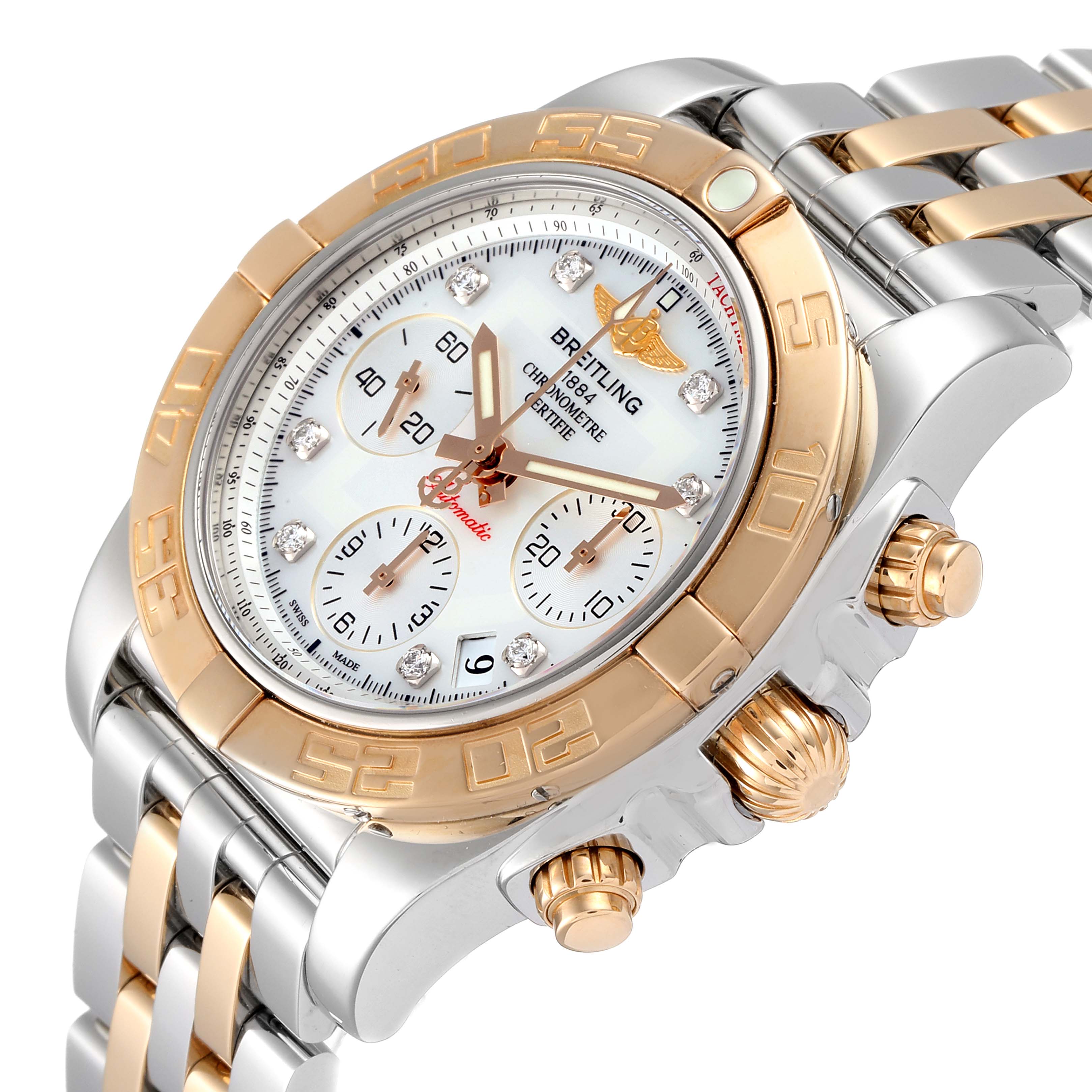 This image shows a close-up angle of the Breitling Chronomat CB014012/A723 Men's Steel and Gold (two tone) Mother of Pearl Dial CB014012/A723 Men's Steel and Gold (two tone) Mother of Pearl Dial watch, highlighting the dial, bezel, and part of the bracelet.