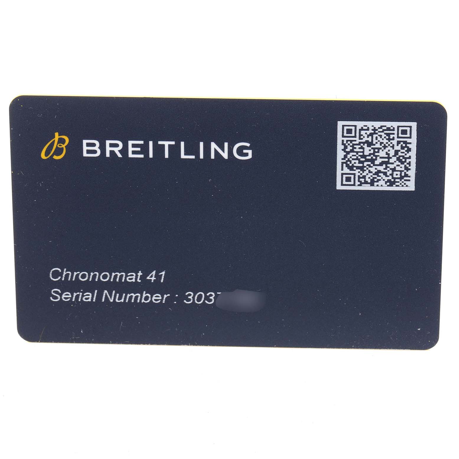 This image shows a warranty card for the Breitling Chronomat CB014012/A723 Men's Steel and Gold (two tone) Mother of Pearl Dial CB014012/A723 Men's Steel and Gold (two tone) Mother of Pearl Dial 41 watch, including the brand name and serial number.