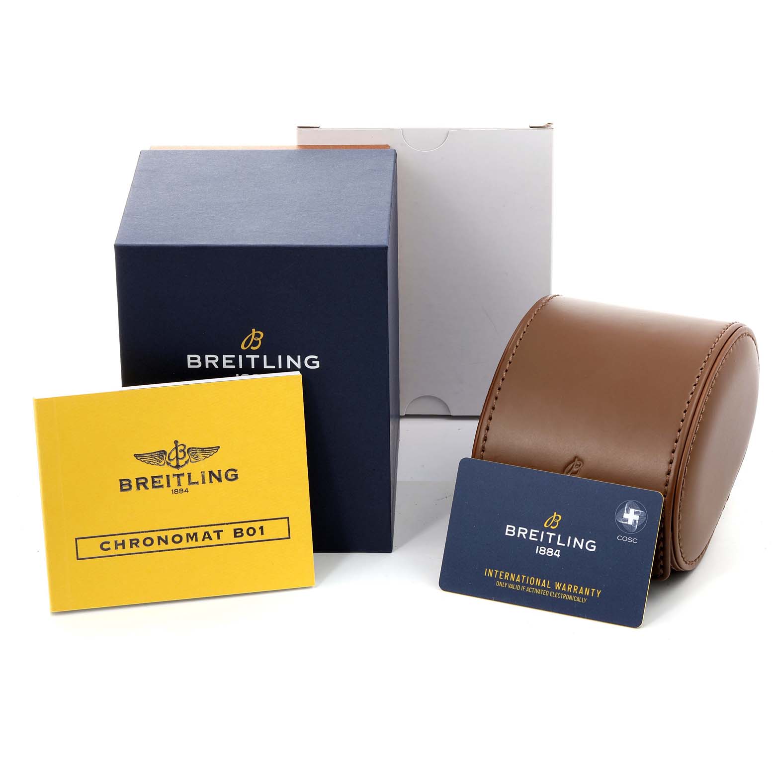 The image shows the box, leather pouch, warranty card, and manual for the Breitling Chronomat CB014012/A723 Men's Steel and Gold (two tone) Mother of Pearl Dial CB014012/A723 Men's Steel and Gold (two tone) Mother of Pearl Dial model.