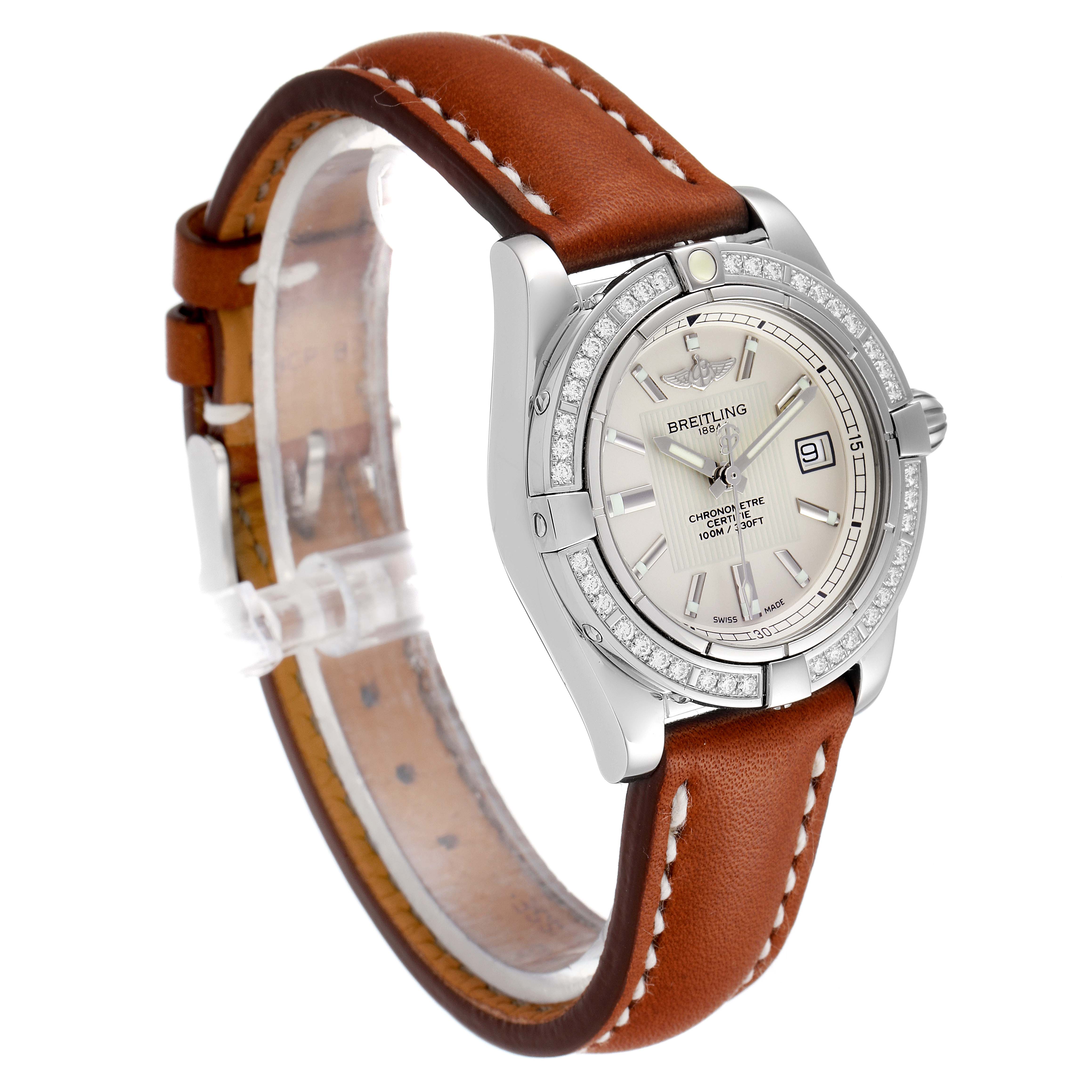The image shows a Breitling A71356 Women's Stainless Steel Silver Dial A71356 Women's Stainless Steel Silver Dial Cockpit Silver Dial Diamond Ladies Watch A71356 at a slight side angle, displaying the dial, bezel, and leather strap.