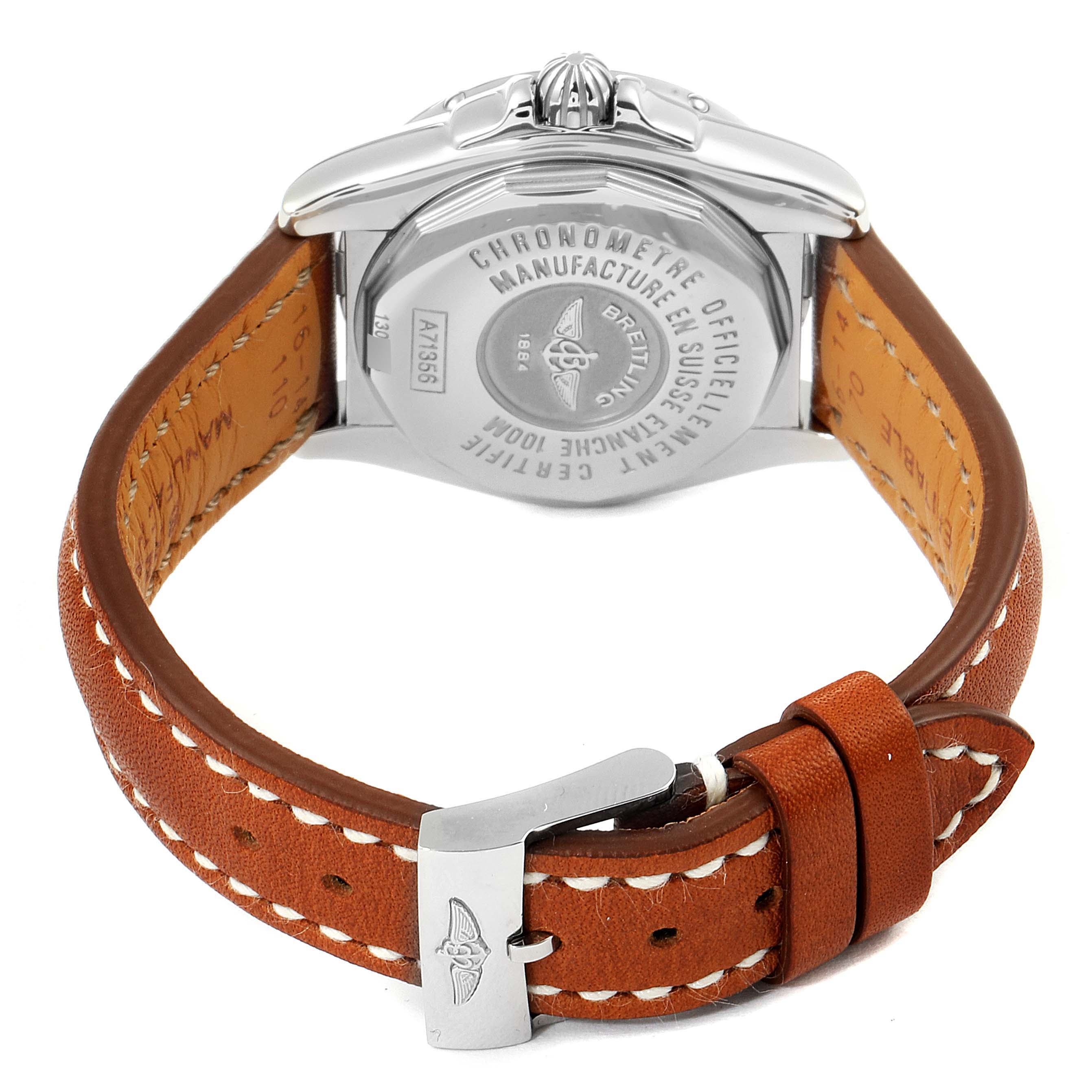 This image shows the back case and brown leather strap of the Breitling A71356 Women's Stainless Steel Silver Dial A71356 Women's Stainless Steel Silver Dial Cockpit Silver Dial Diamond Ladies Watch A71356 Unworn model.