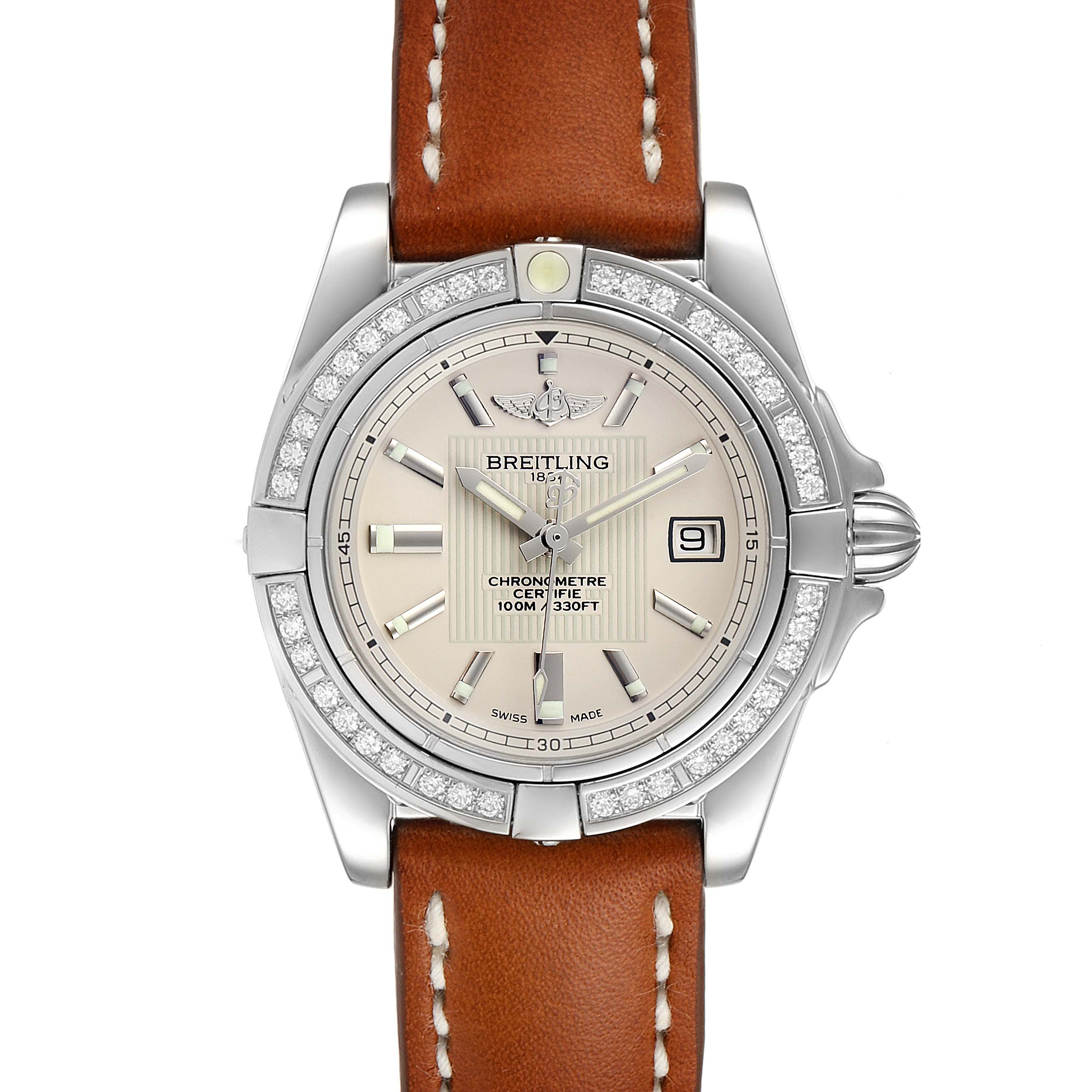 The Breitling A71356 Women's Stainless Steel Silver Dial A71356 Women's Stainless Steel Silver Dial Cockpit A71356 watch is shown from a top-down angle, highlighting the silver dial, diamond bezel, and brown leather strap.