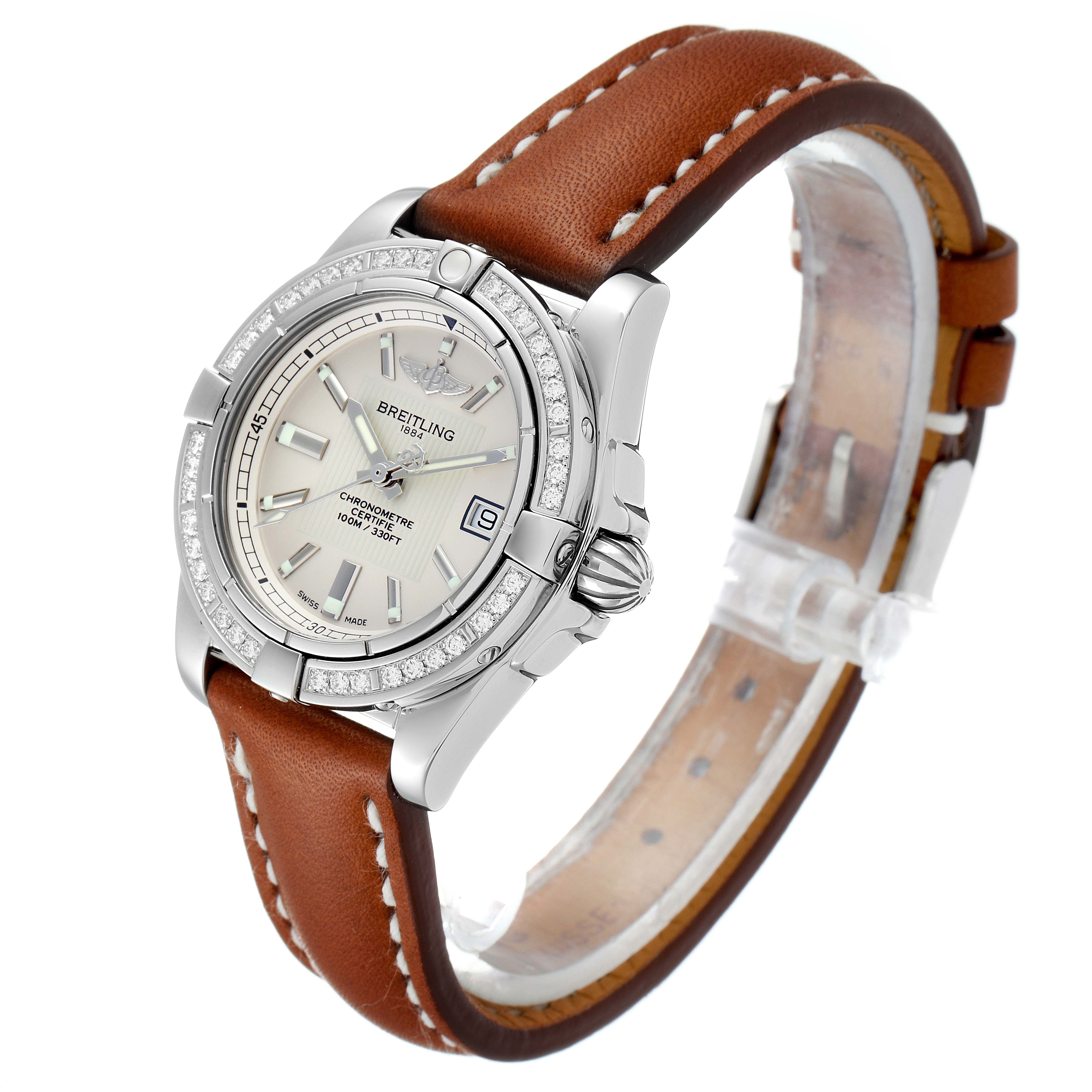 The image shows a Breitling A71356 Women's Stainless Steel Silver Dial A71356 Women's Stainless Steel Silver Dial Cockpit Silver Dial Diamond Ladies Watch A71356 Unworn model at a slight angle showcasing the dial and leather strap.