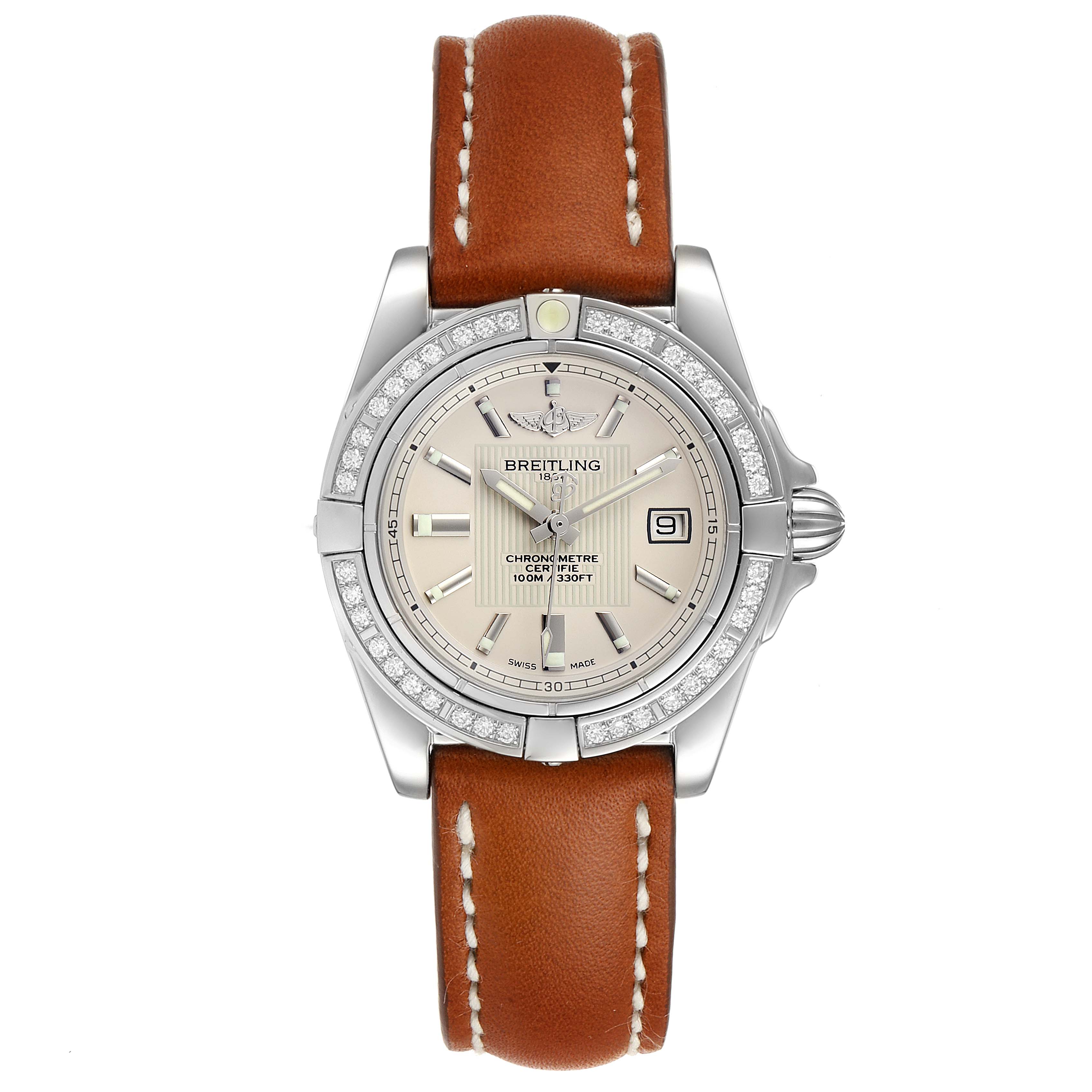 The image shows a front view of the Breitling A71356 Women's Stainless Steel Silver Dial A71356 Women's Stainless Steel Silver Dial Cockpit Silver Dial Diamond Ladies Watch A71356 Unworn model.