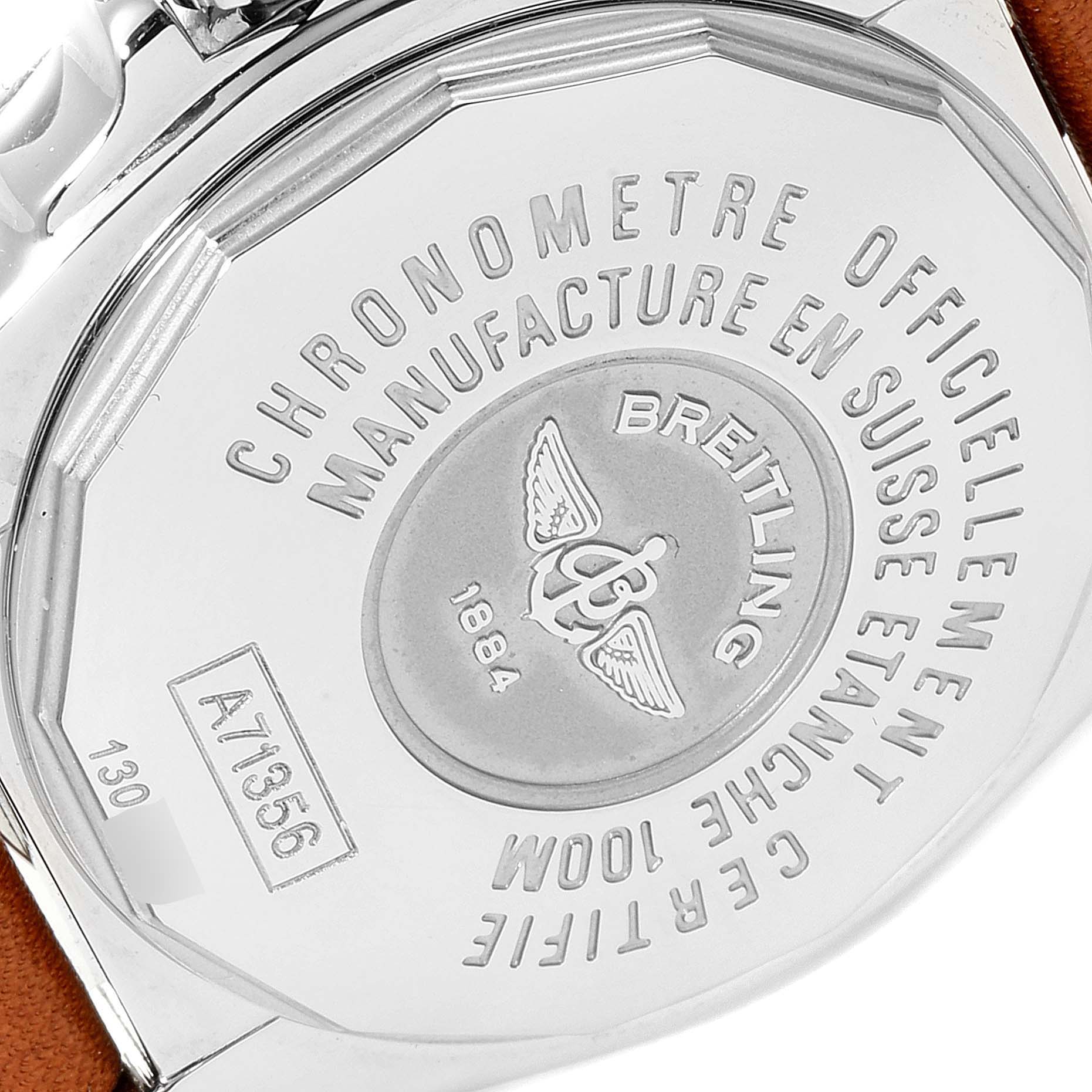 The image shows the case back of the Breitling A71356 Women's Stainless Steel Silver Dial A71356 Women's Stainless Steel Silver Dial Cockpit Silver Dial Diamond Ladies Watch A71356 Unworn model from a close-up angle.