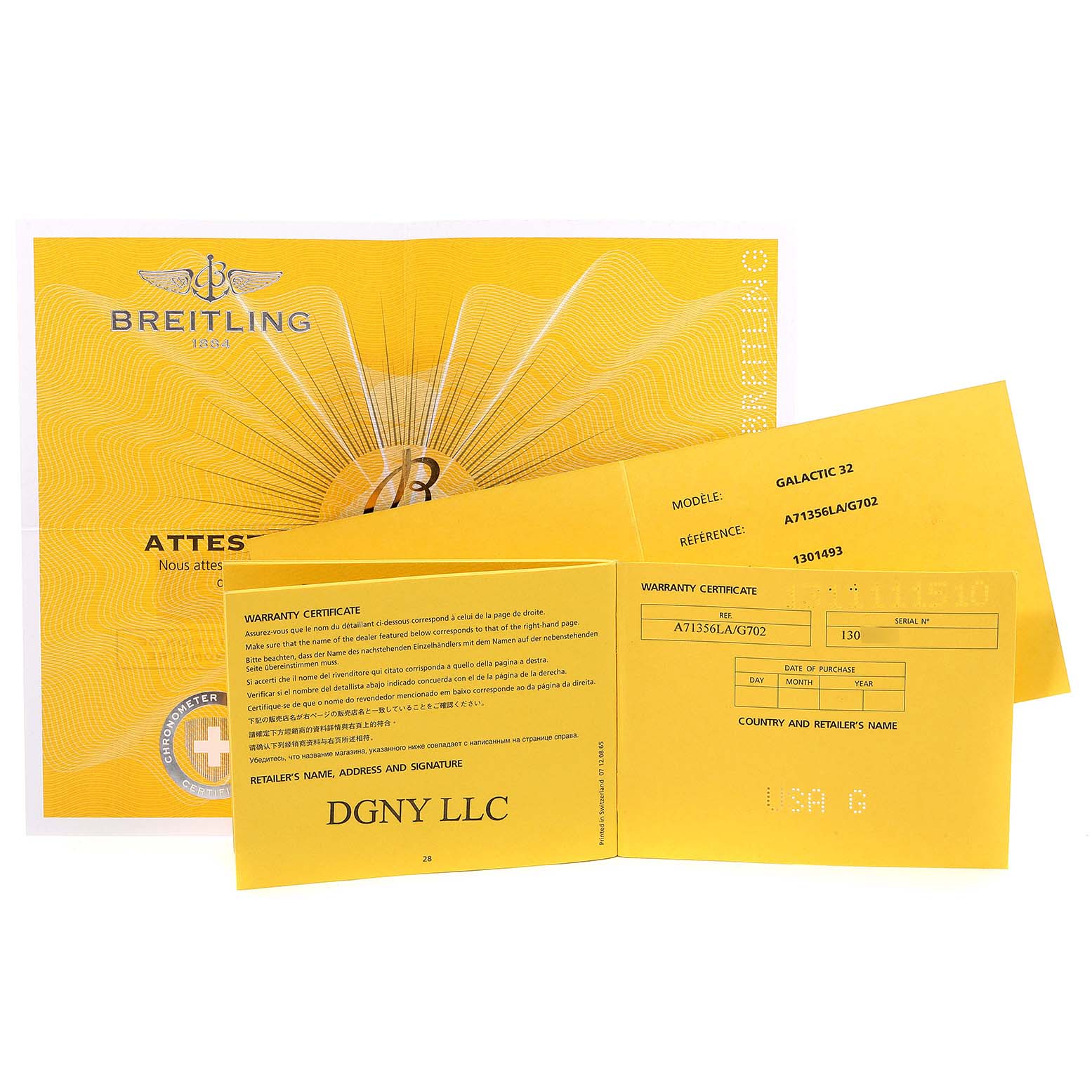 The image shows the warranty certificates and documentation for the Breitling A71356 Women's Stainless Steel Silver Dial A71356 Women's Stainless Steel Silver Dial Cockpit Silver Dial Diamond Ladies Watch A71356 Unworn model.