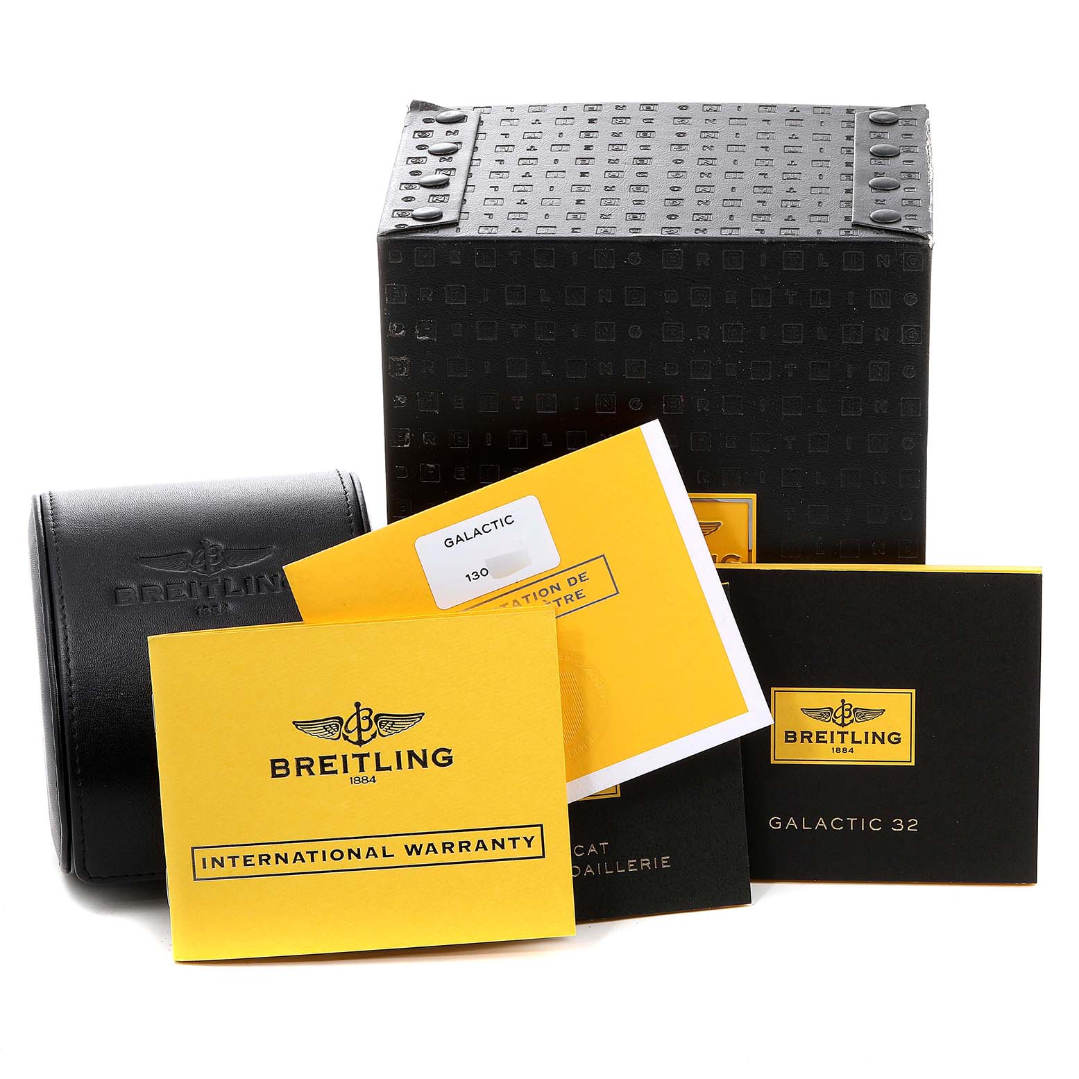 The image shows packaging and documents for the Breitling A71356 Women's Stainless Steel Silver Dial A71356 Women's Stainless Steel Silver Dial Cockpit Silver Dial Diamond Ladies Watch A71356 Unworn model.