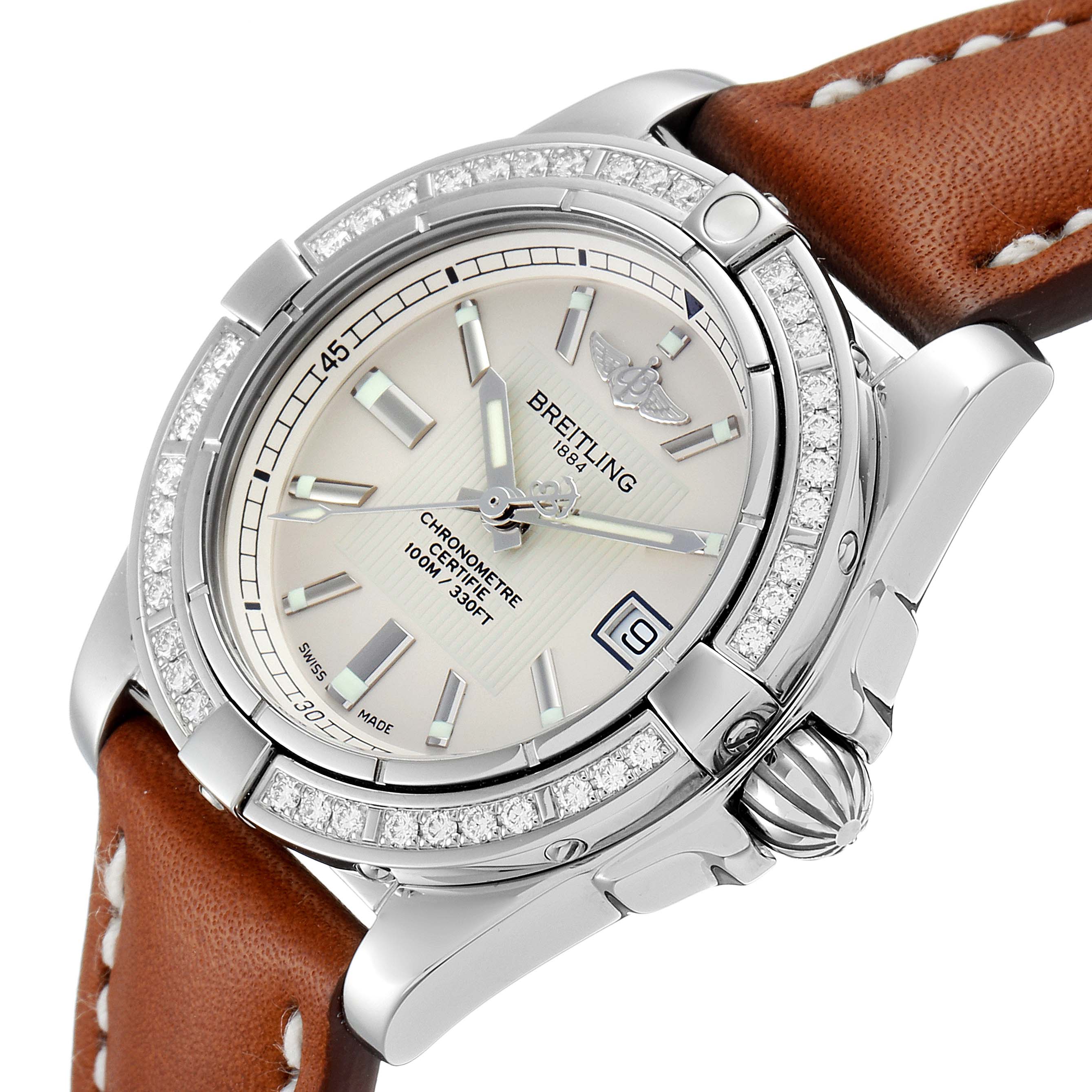 The image shows a close-up, angled view of the Breitling A71356 Women's Stainless Steel Silver Dial A71356 Women's Stainless Steel Silver Dial Cockpit Silver Dial Diamond Ladies Watch A71356 featuring the face, bezel, and part of the strap.