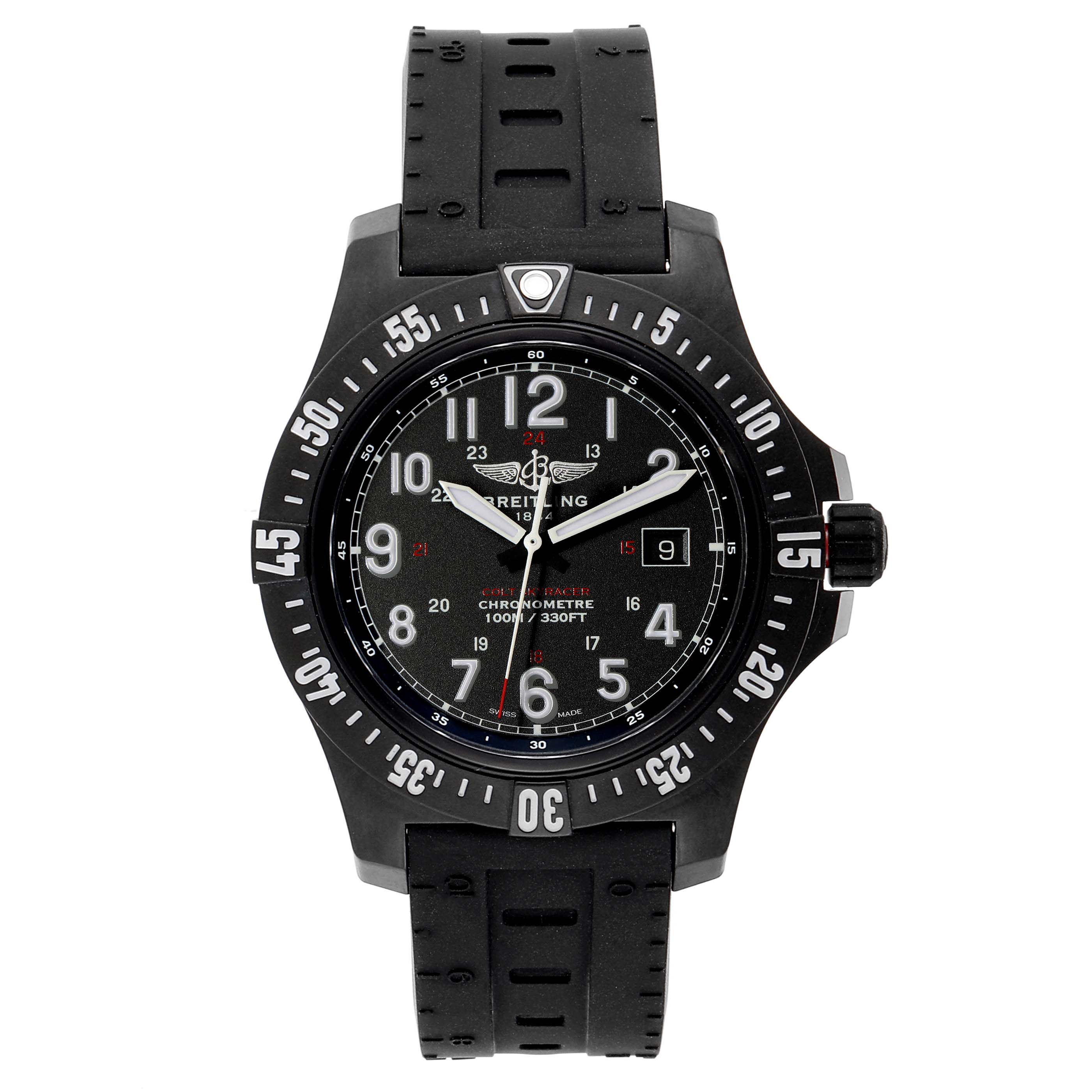 The image shows a front view of the Breitling Colt X74320 Men's Titanium Black Dial X74320 Men's Titanium Black Dial model watch, displaying its face, bezel, crown, and part of its strap.