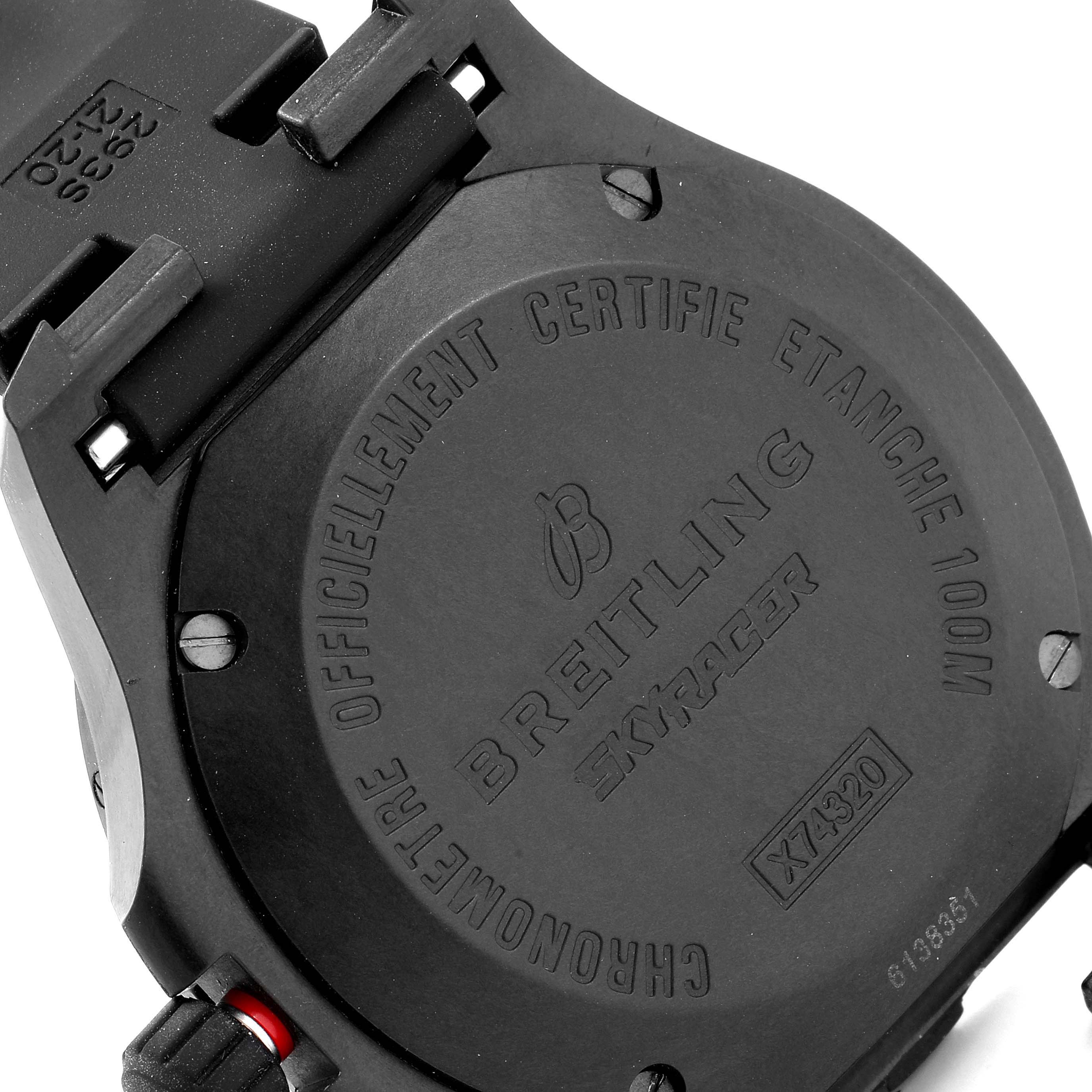 This image shows the back case of a Breitling Colt X74320 Men's Titanium Black Dial X74320 Men's Titanium Black Dial Skyracer watch, featuring engraved details and branding.