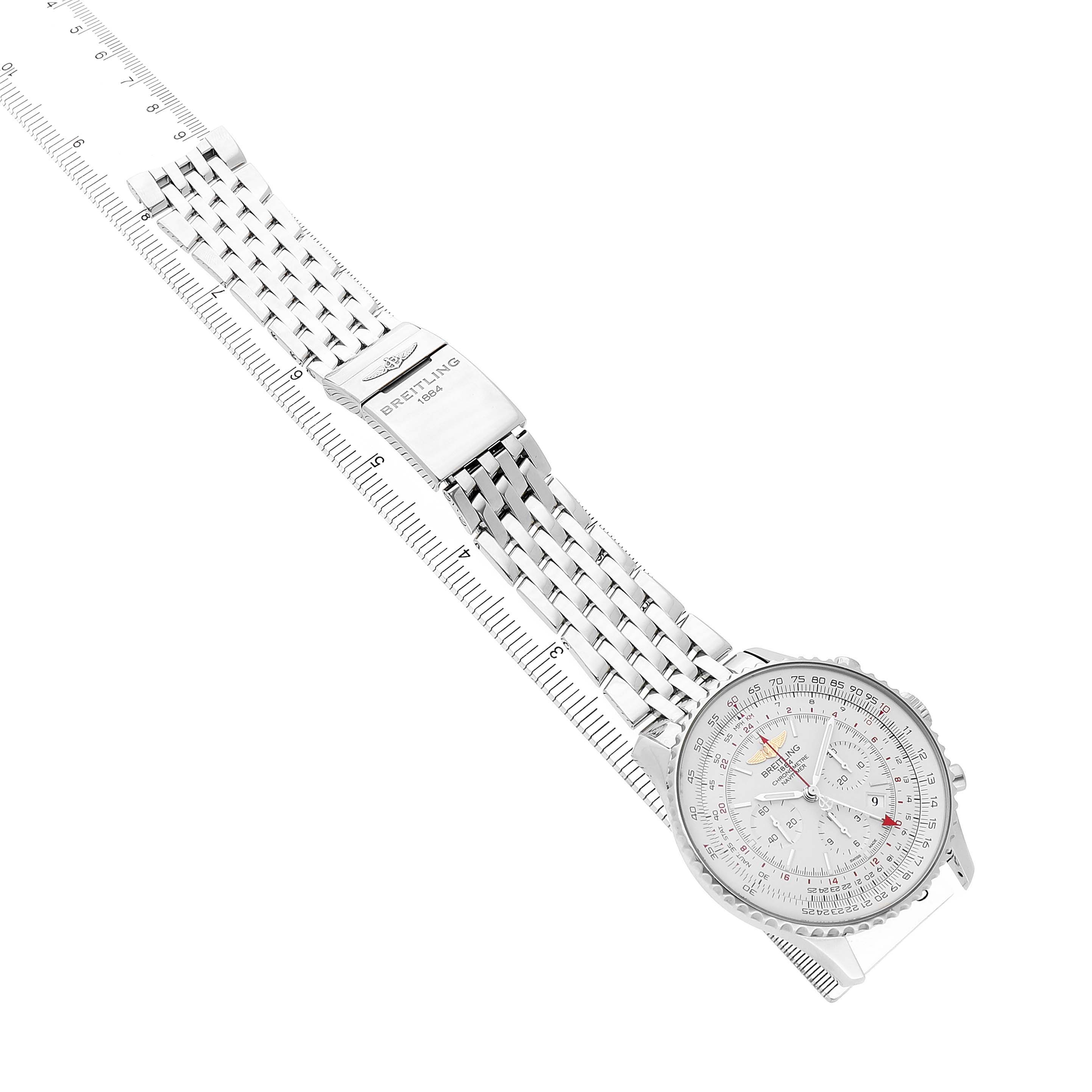 The image shows a Breitling Navitimer AB0441 Men's Stainless Steel Silver Dial watch at an oblique angle, highlighting the face and metal bracelet with clasp.