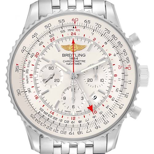 The Breitling Navitimer AB0441 Men's Stainless Steel Silver Dial watch is shown from a front angle, highlighting its dial, bezel, subdials, and bracelet.