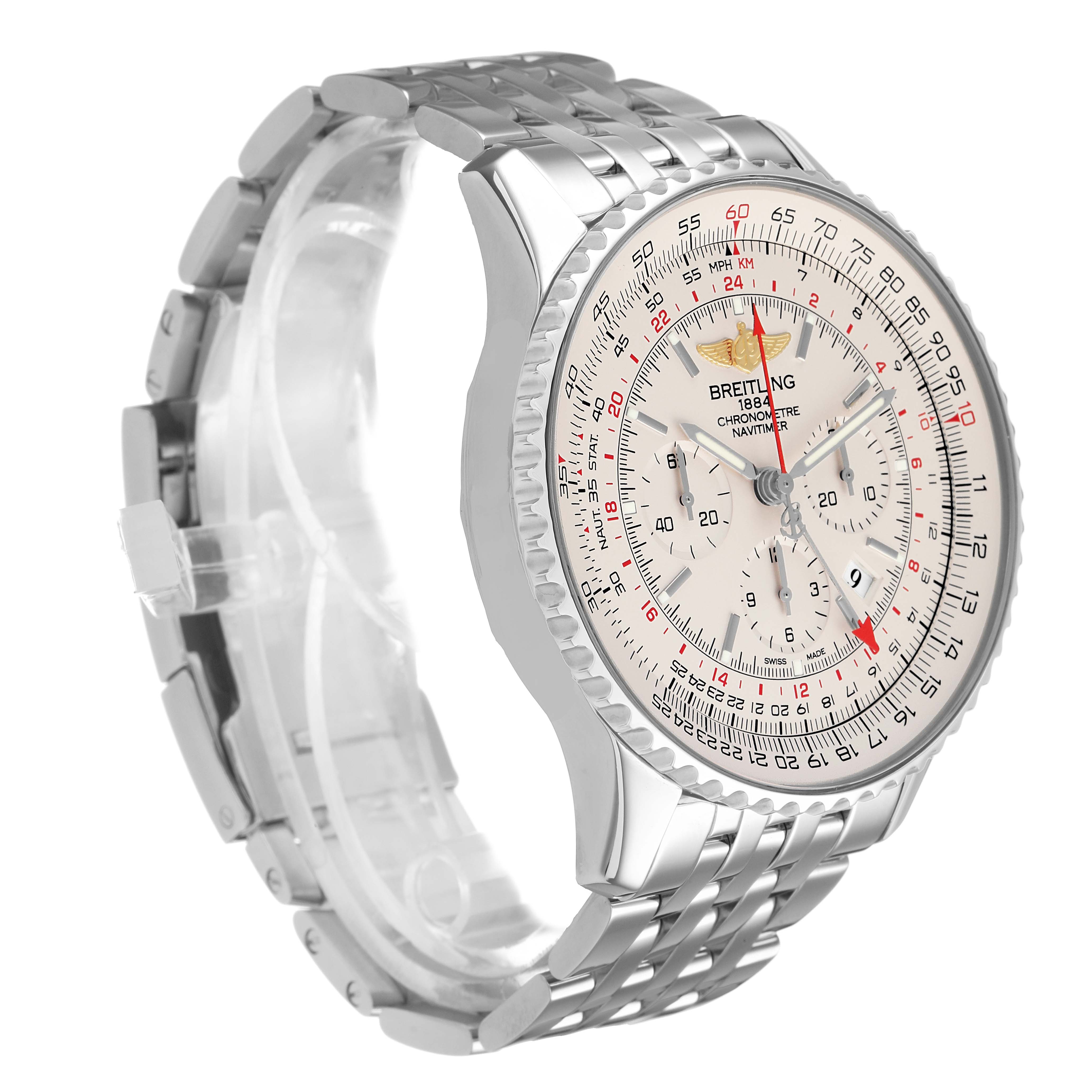 The Breitling Navitimer AB0441 Men's Stainless Steel Silver Dial watch is shown at a three-quarter angle, highlighting its dial, bezel, and stainless steel bracelet.
