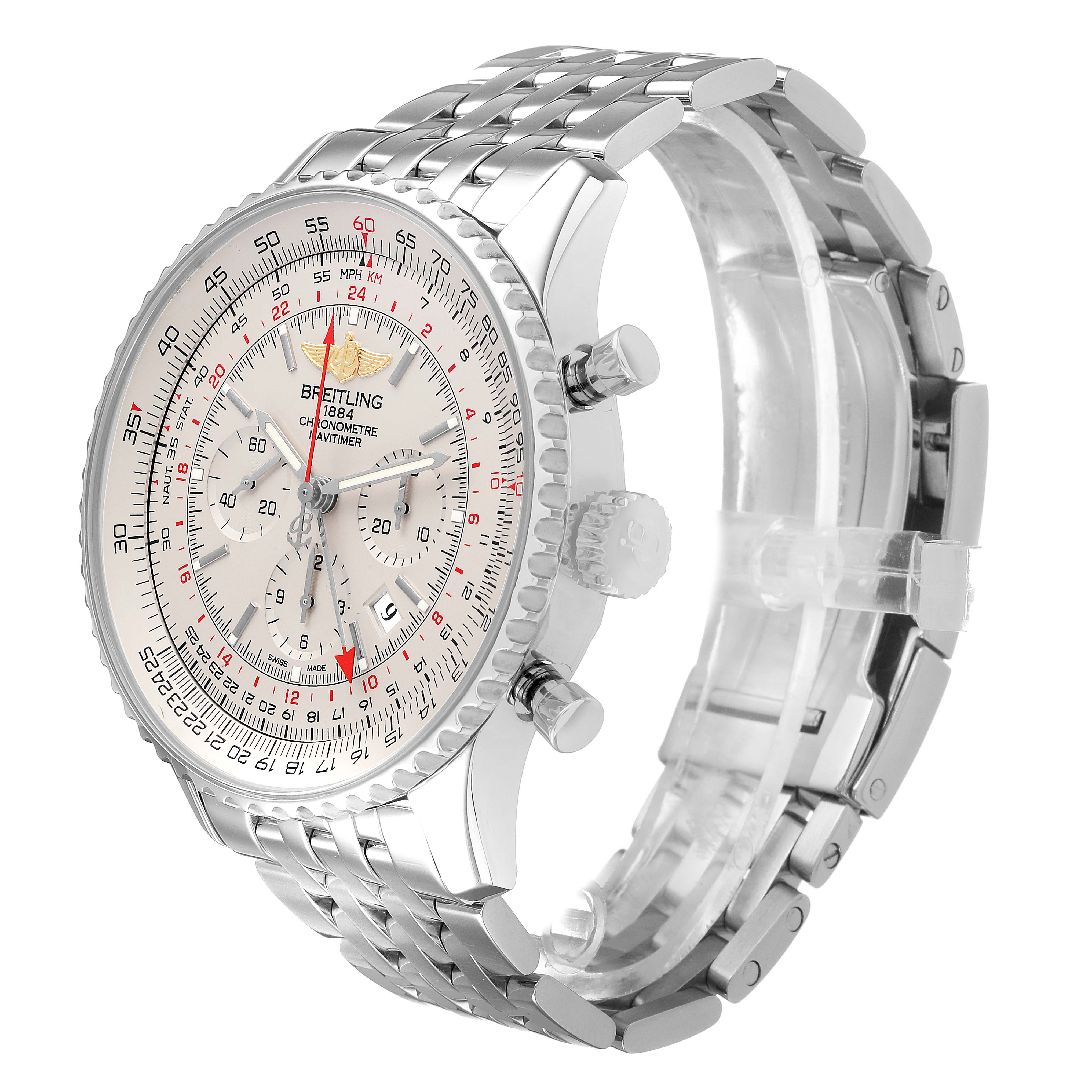 The Breitling Navitimer AB0441 Men's Stainless Steel Silver Dial watch is shown at a three-quarter angle, highlighting the face, bezel, crown, pushers, and stainless steel bracelet.