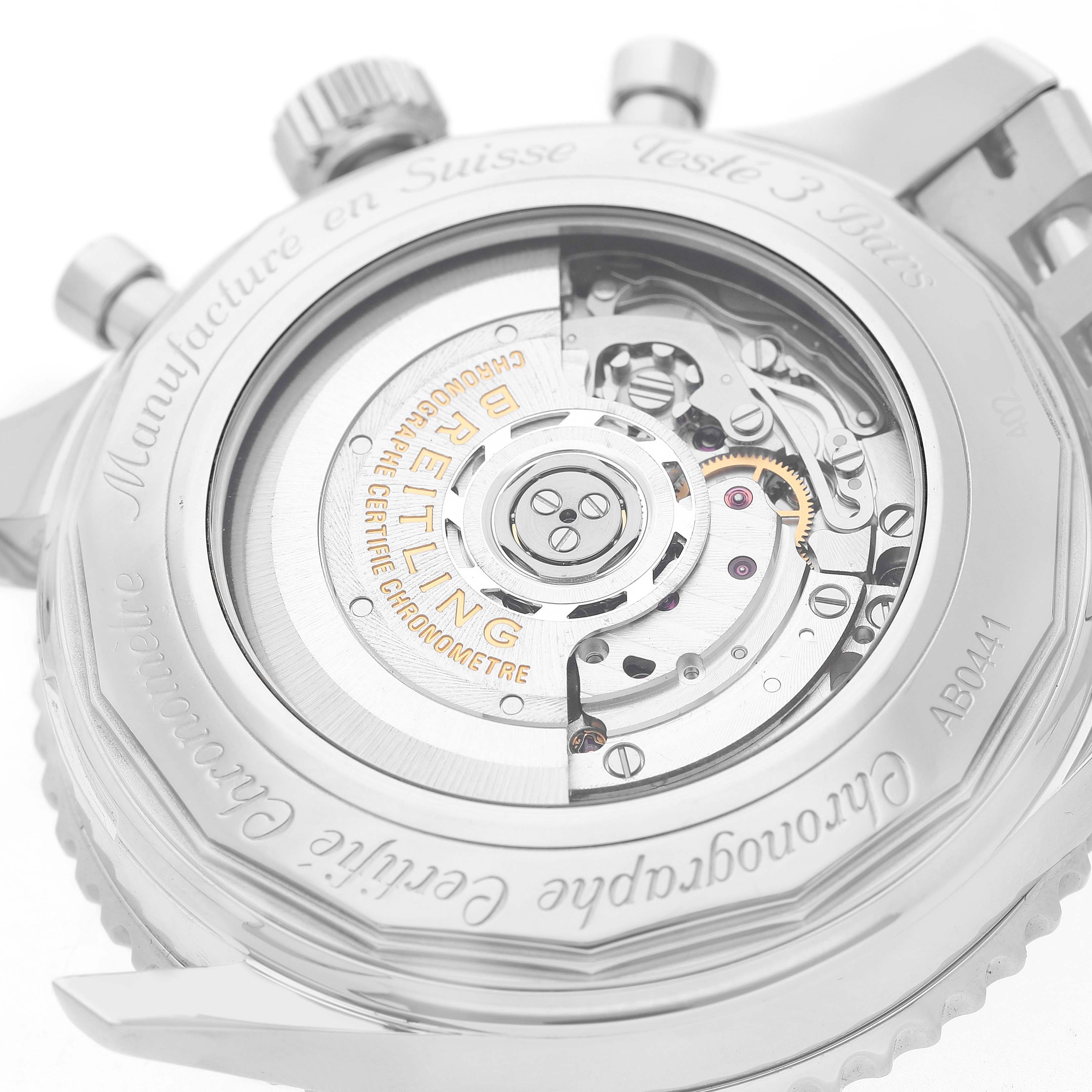 The image shows the exhibition case back of a Breitling Navitimer AB0441 Men's Stainless Steel Silver Dial, highlighting the movement and rotor.