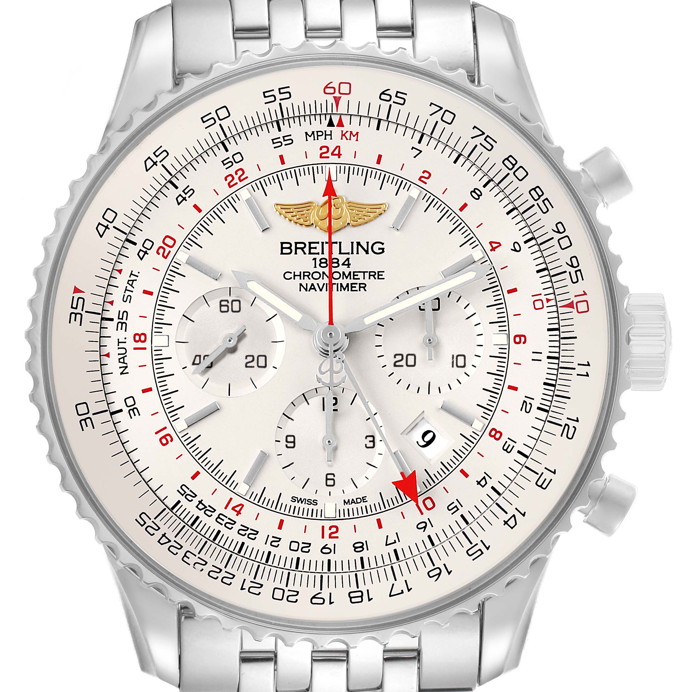 The Breitling Navitimer AB0441 Men's Stainless Steel Silver Dial watch is shown from the front, displaying its dial, subdials, bezel, and crown.