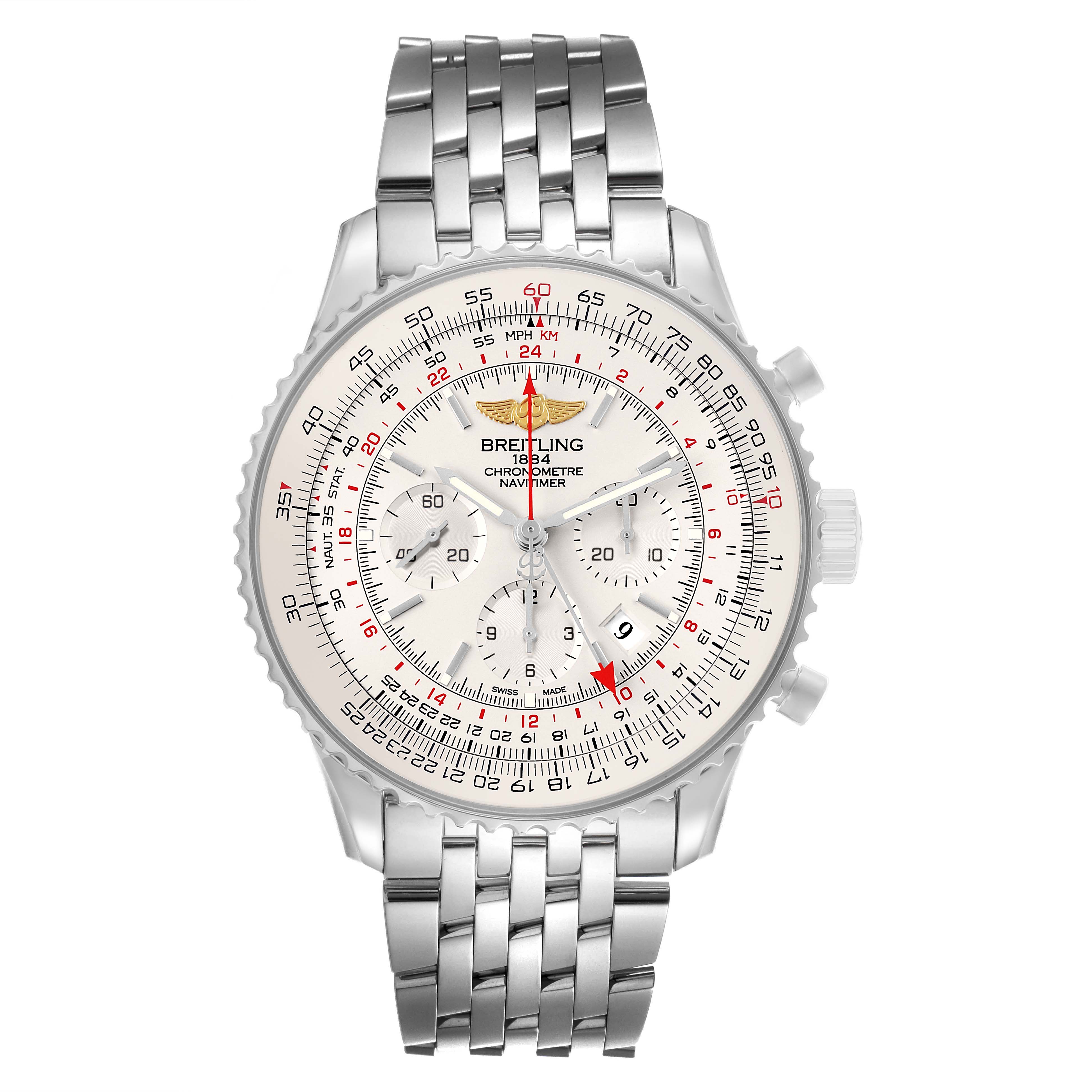 The Breitling Navitimer AB0441 Men's Stainless Steel Silver Dial watch is shown from a front angle, highlighting its dial and stainless steel bracelet.